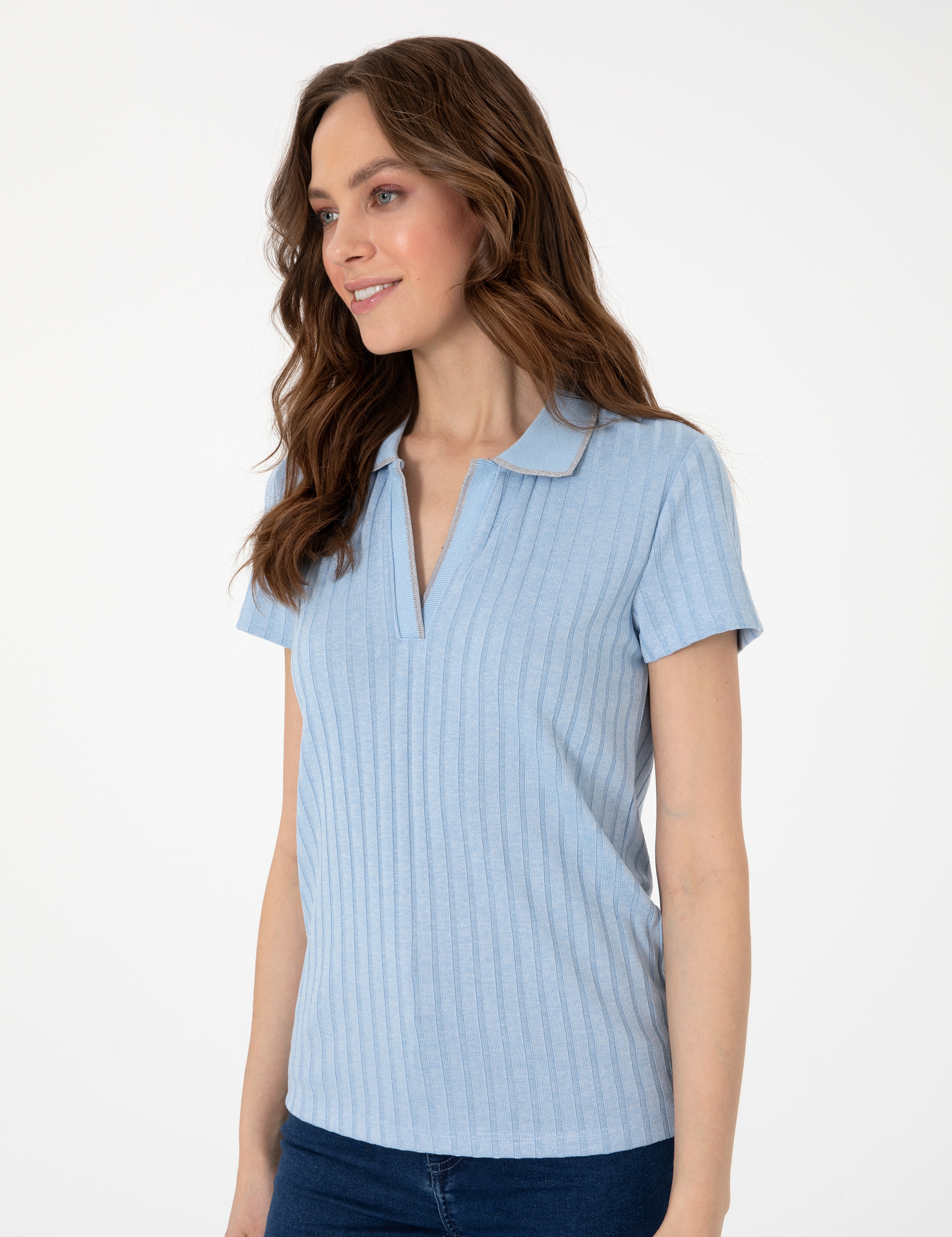 Açık Mavi Slim Fit Basic Tişört - Image 3