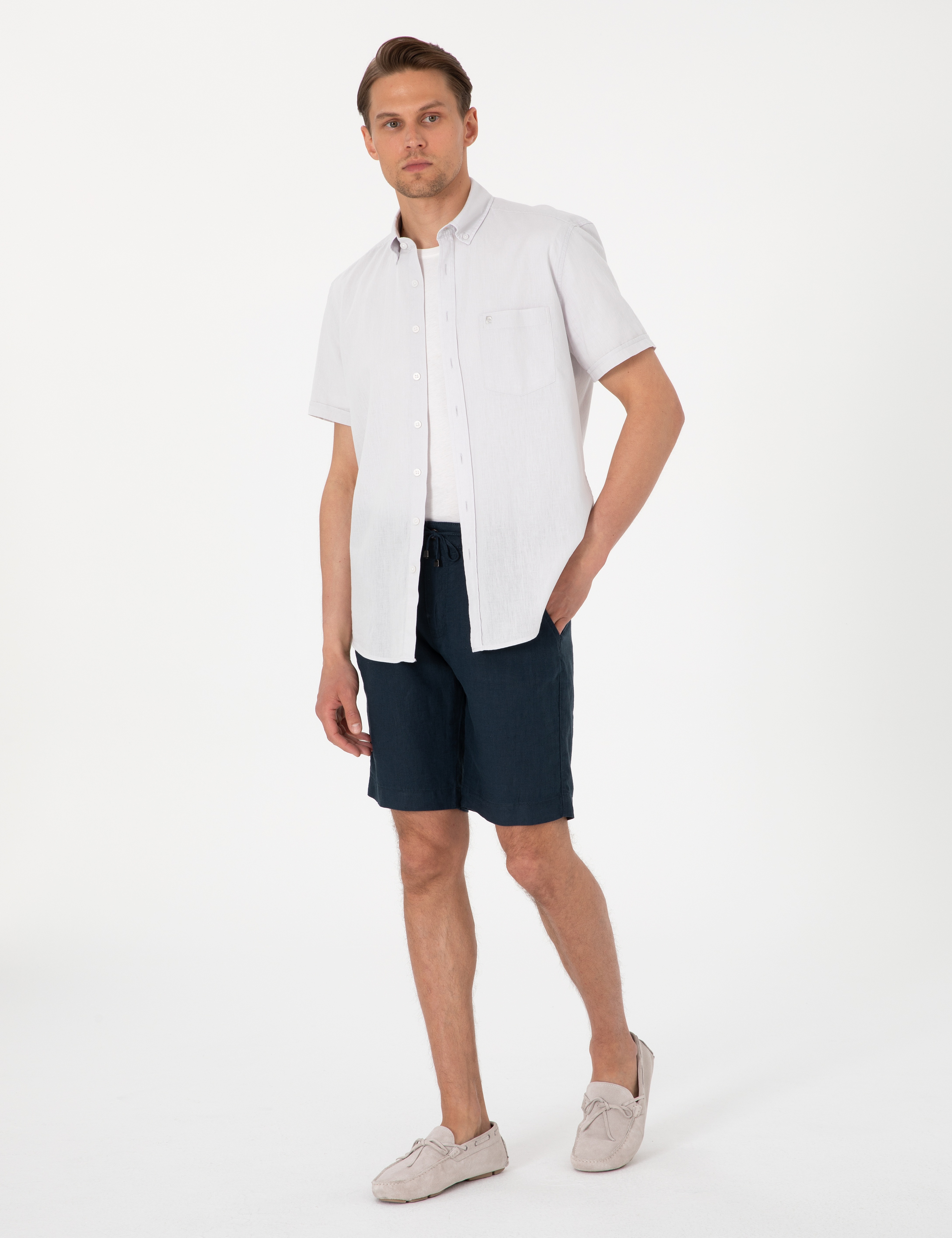 Taş Keten Karışımlı Regular Fit Kısa Kollu Gömlek - Image 4