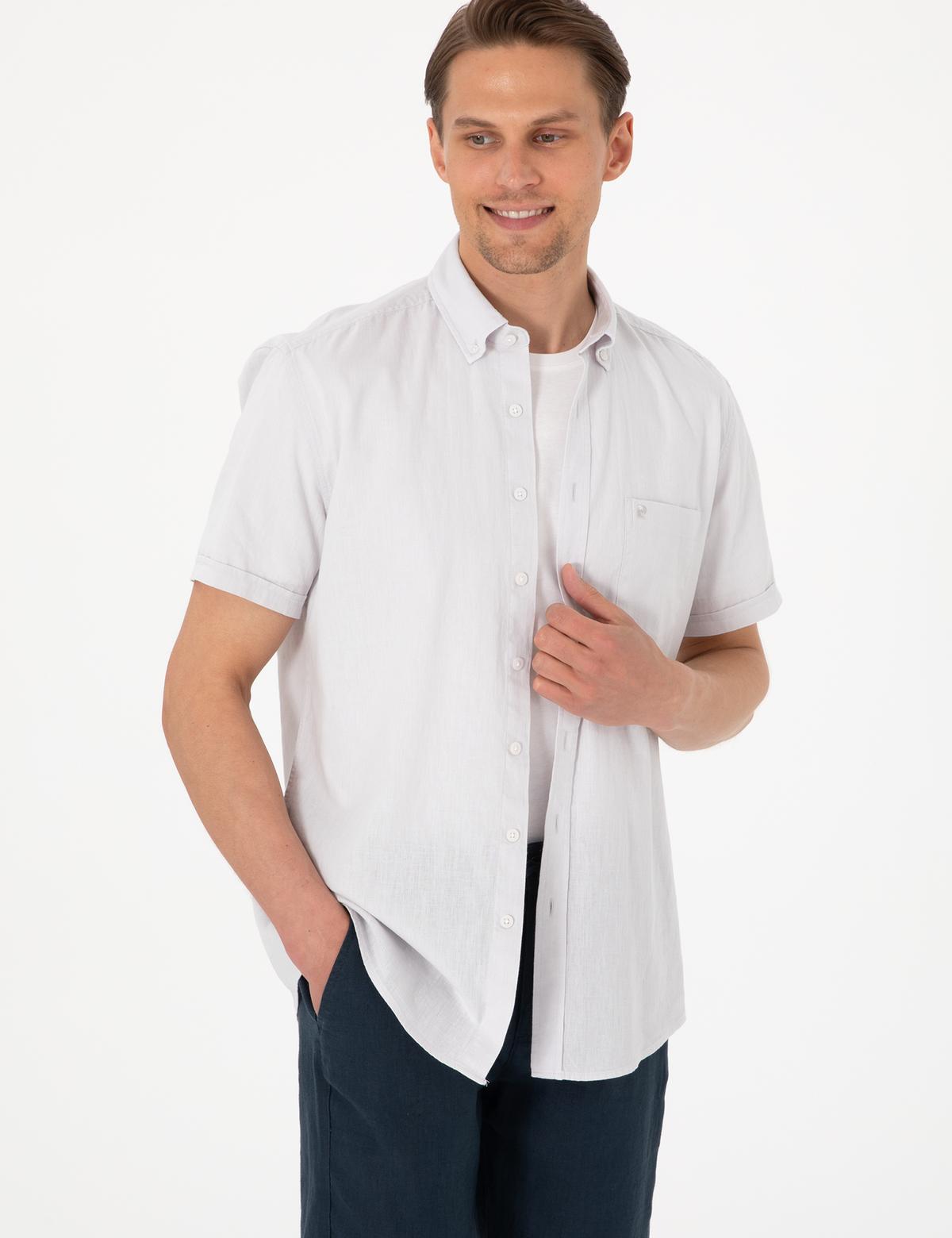 Taş Keten Karışımlı Regular Fit Kısa Kollu Gömlek - 50303418023