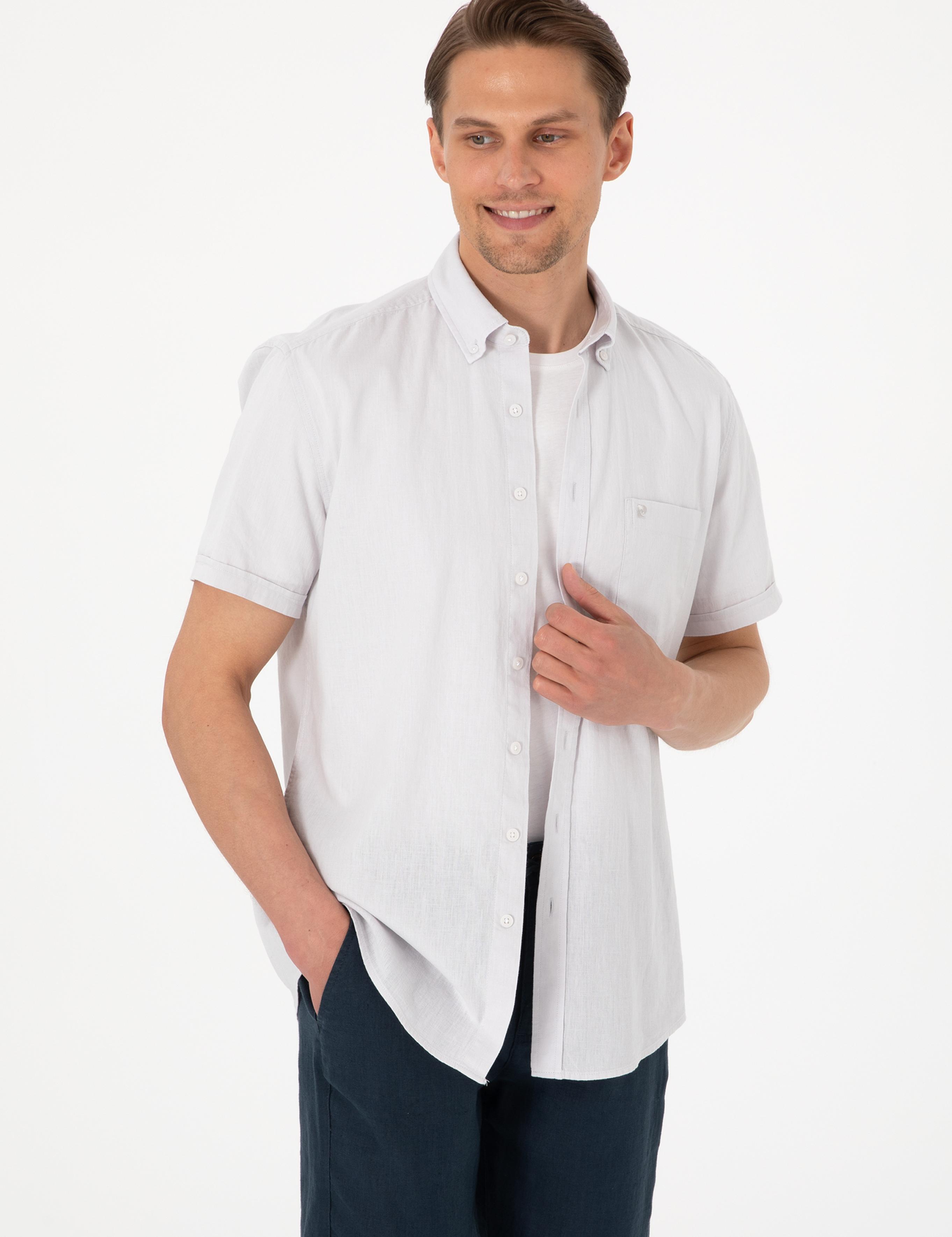 Taş Keten Karışımlı Regular Fit Kısa Kollu Gömlek