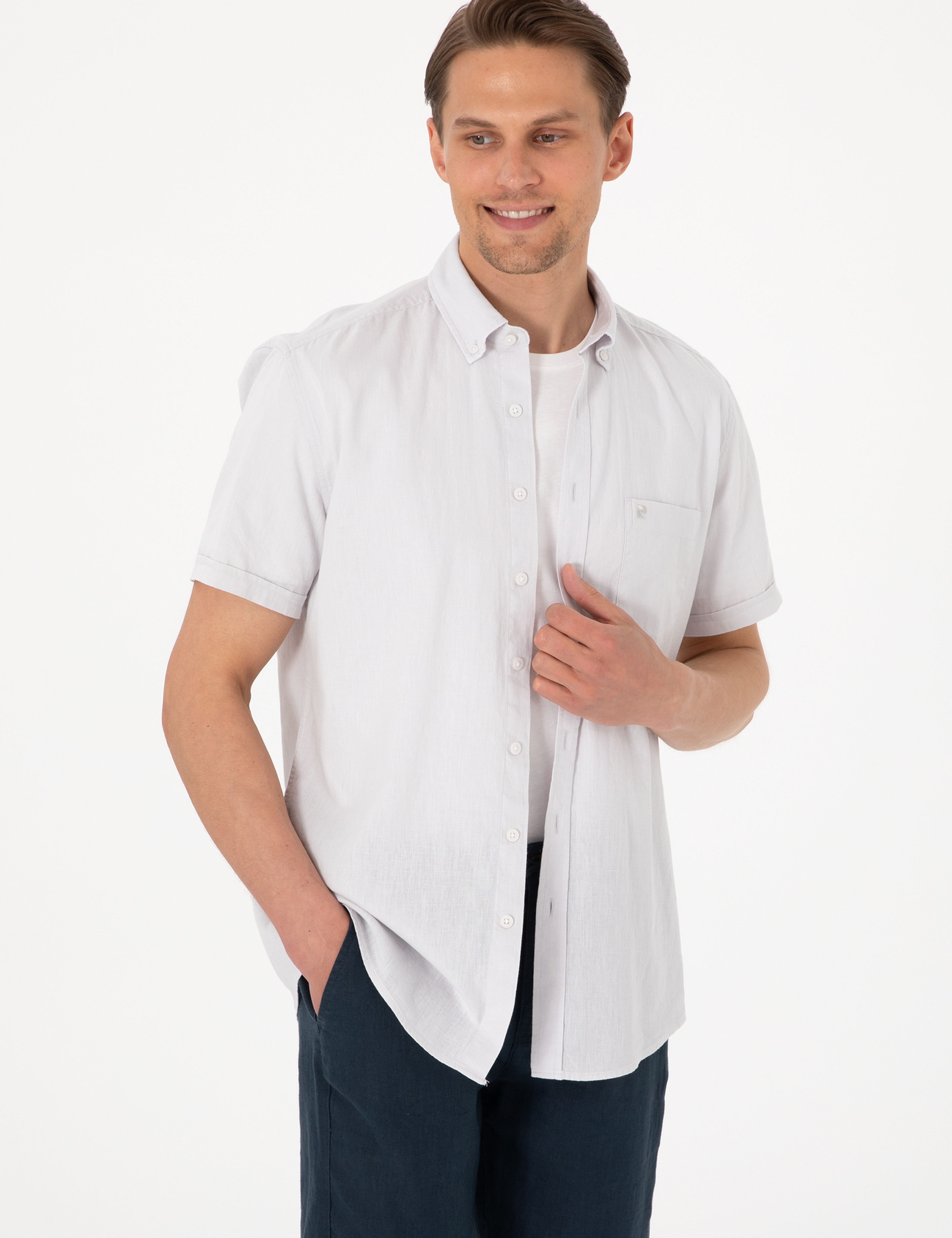 Taş Keten Karışımlı Regular Fit Kısa Kollu Gömlek - Image 3