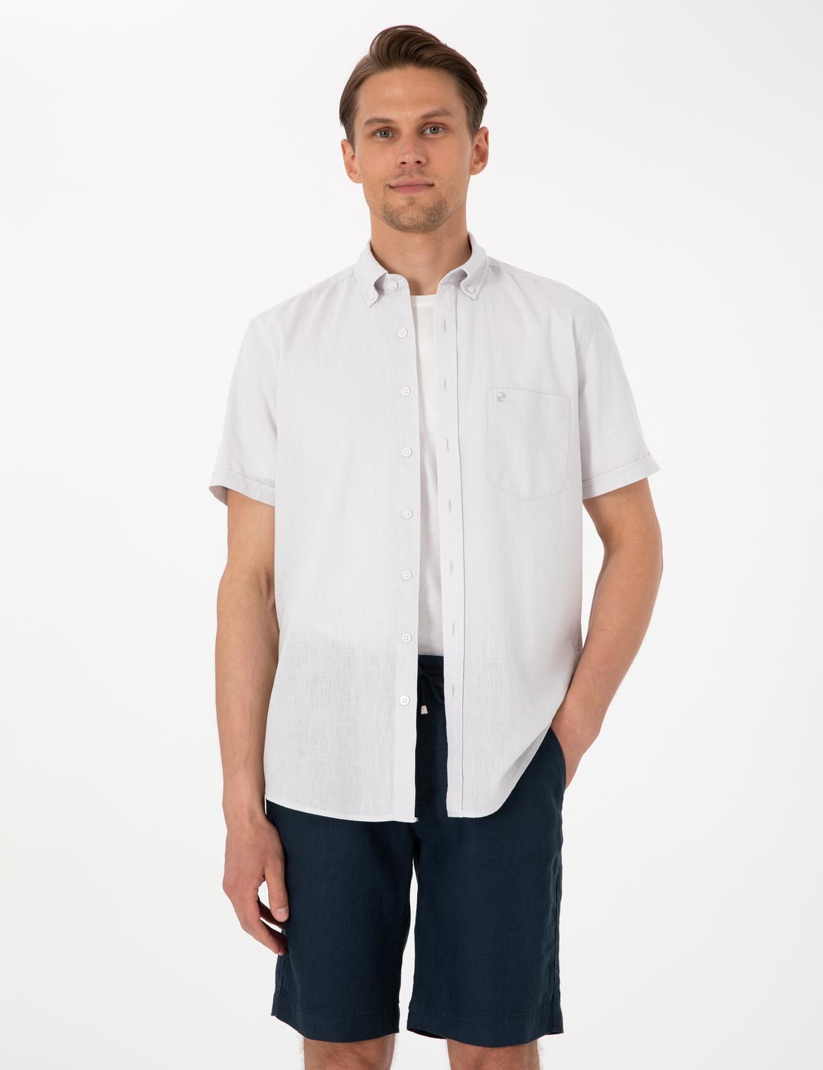 Taş Keten Karışımlı Regular Fit Kısa Kollu Gömlek