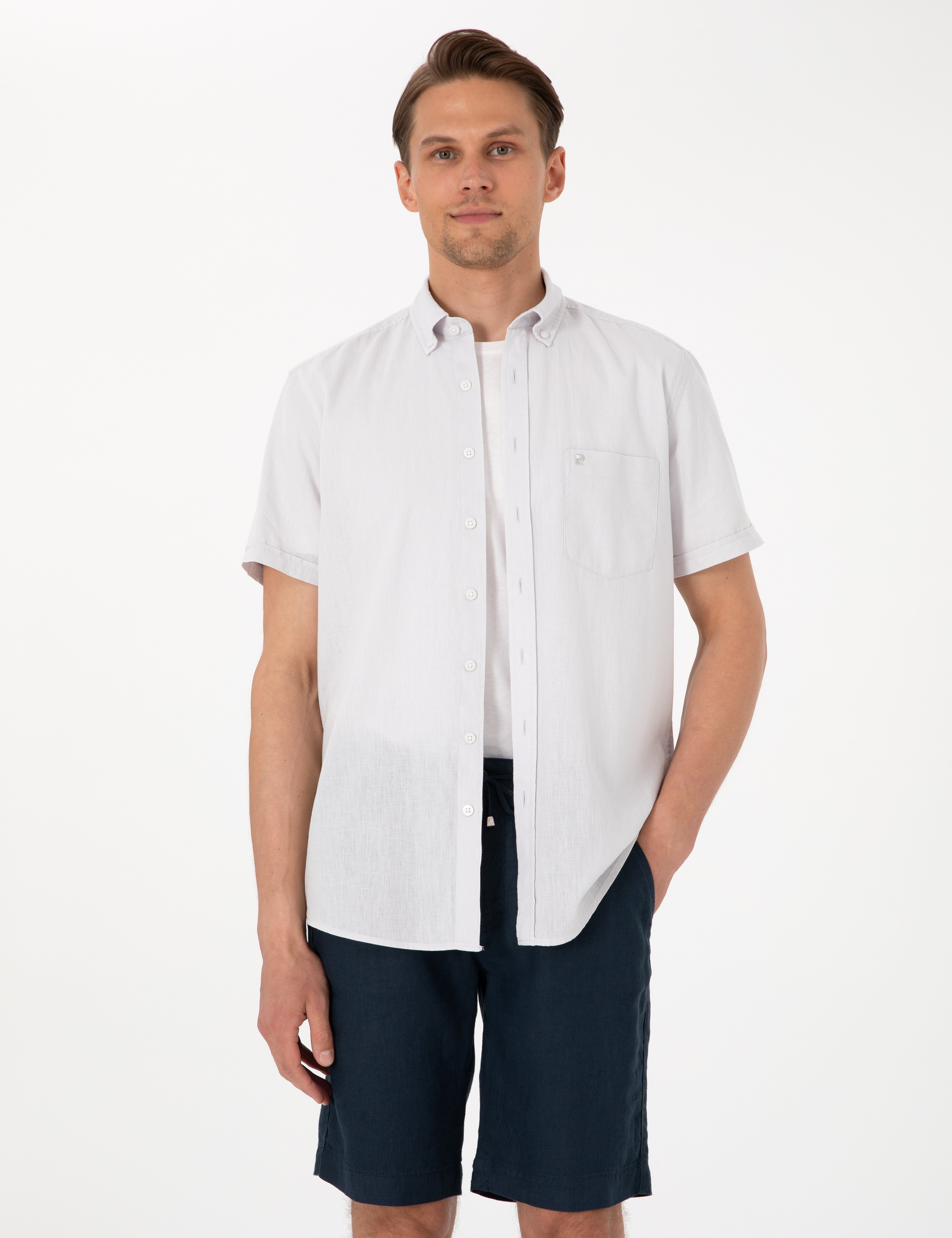 Taş Keten Karışımlı Regular Fit Kısa Kollu Gömlek - Image 1