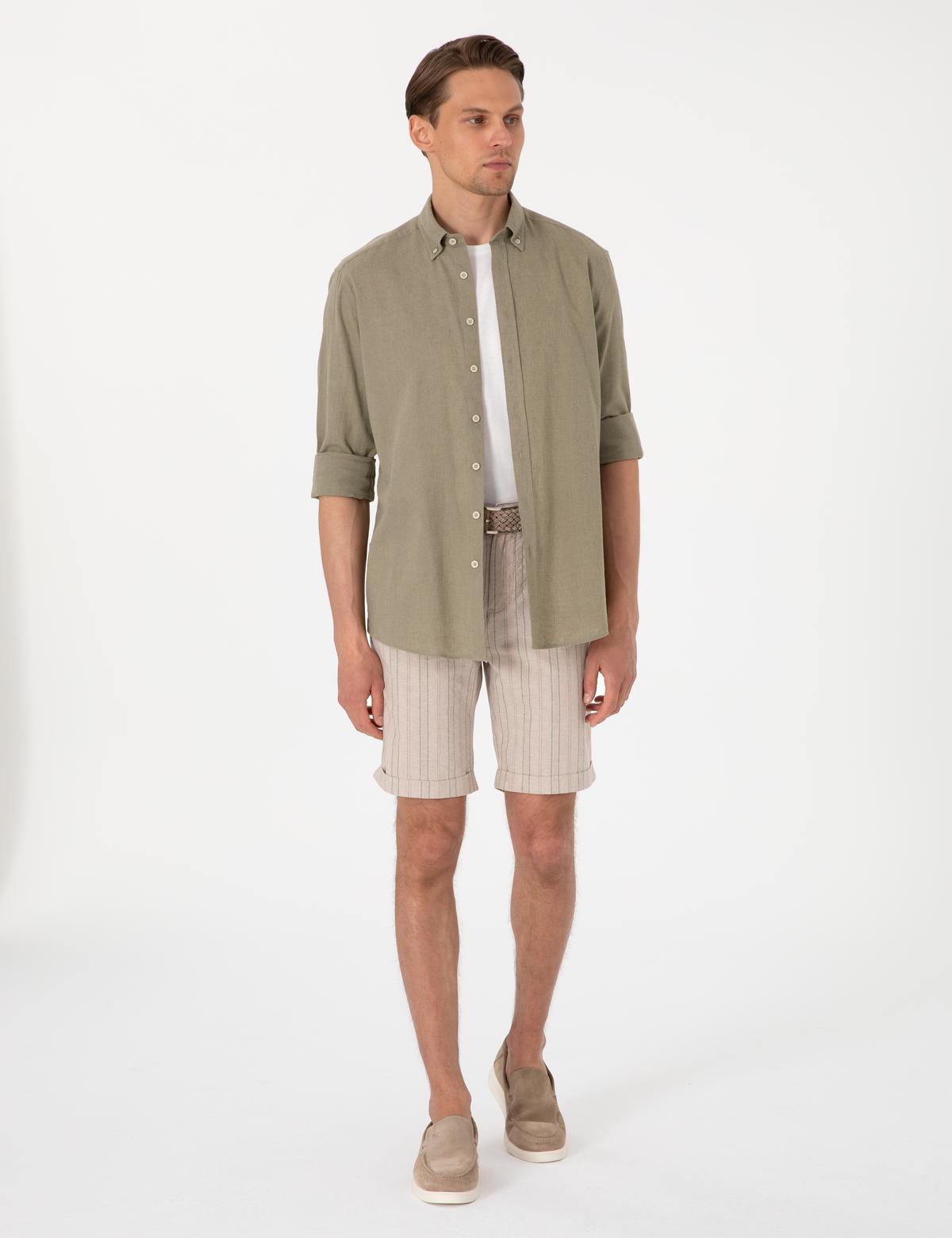 Haki Keten Karışımlı Regular Fit Uzun Kollu Gömlek - 50303245091