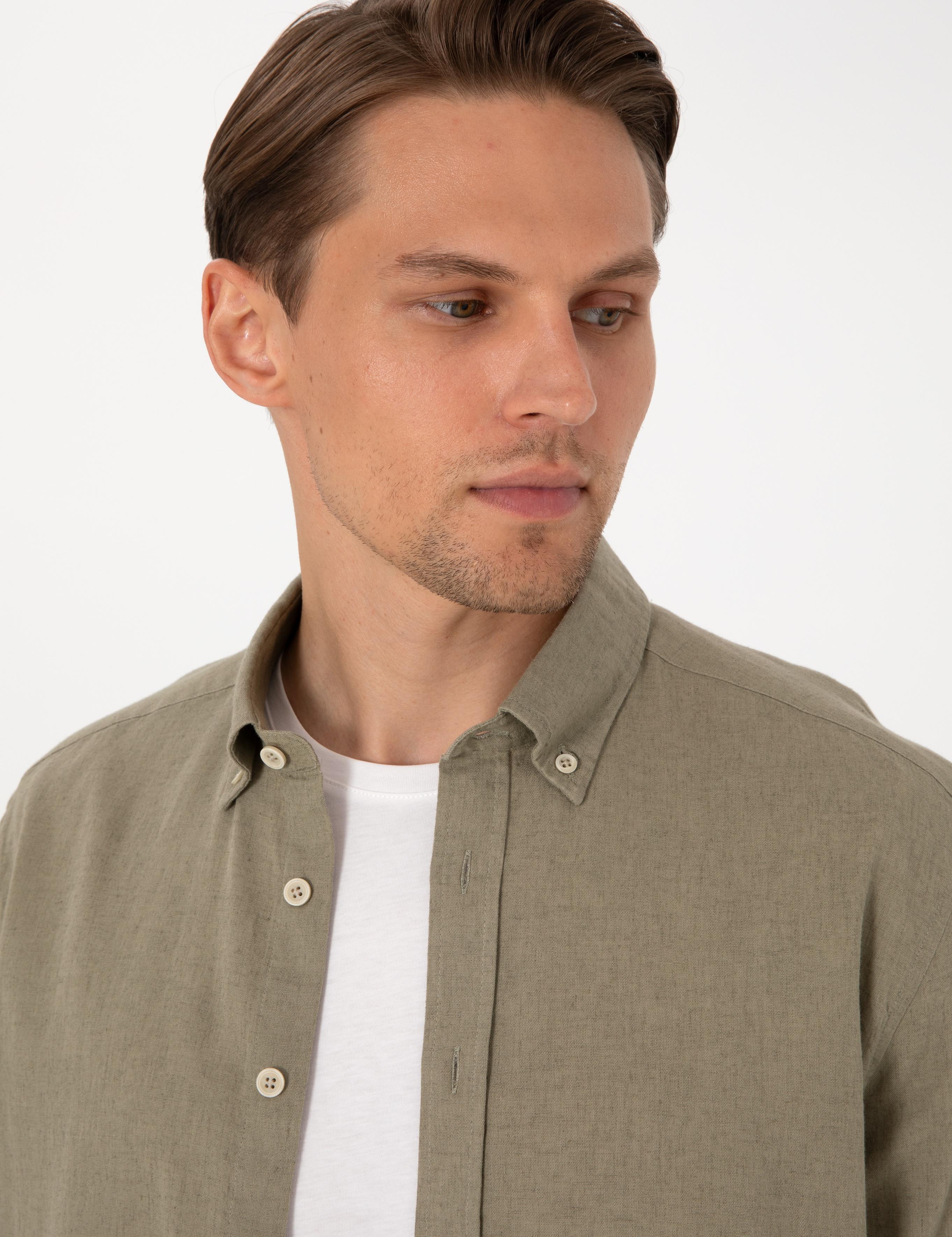 Haki Keten Karışımlı Regular Fit Uzun Kollu Gömlek