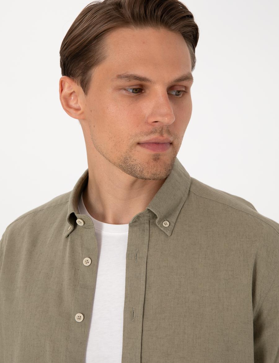 Haki Keten Karışımlı Regular Fit Uzun Kollu Gömlek