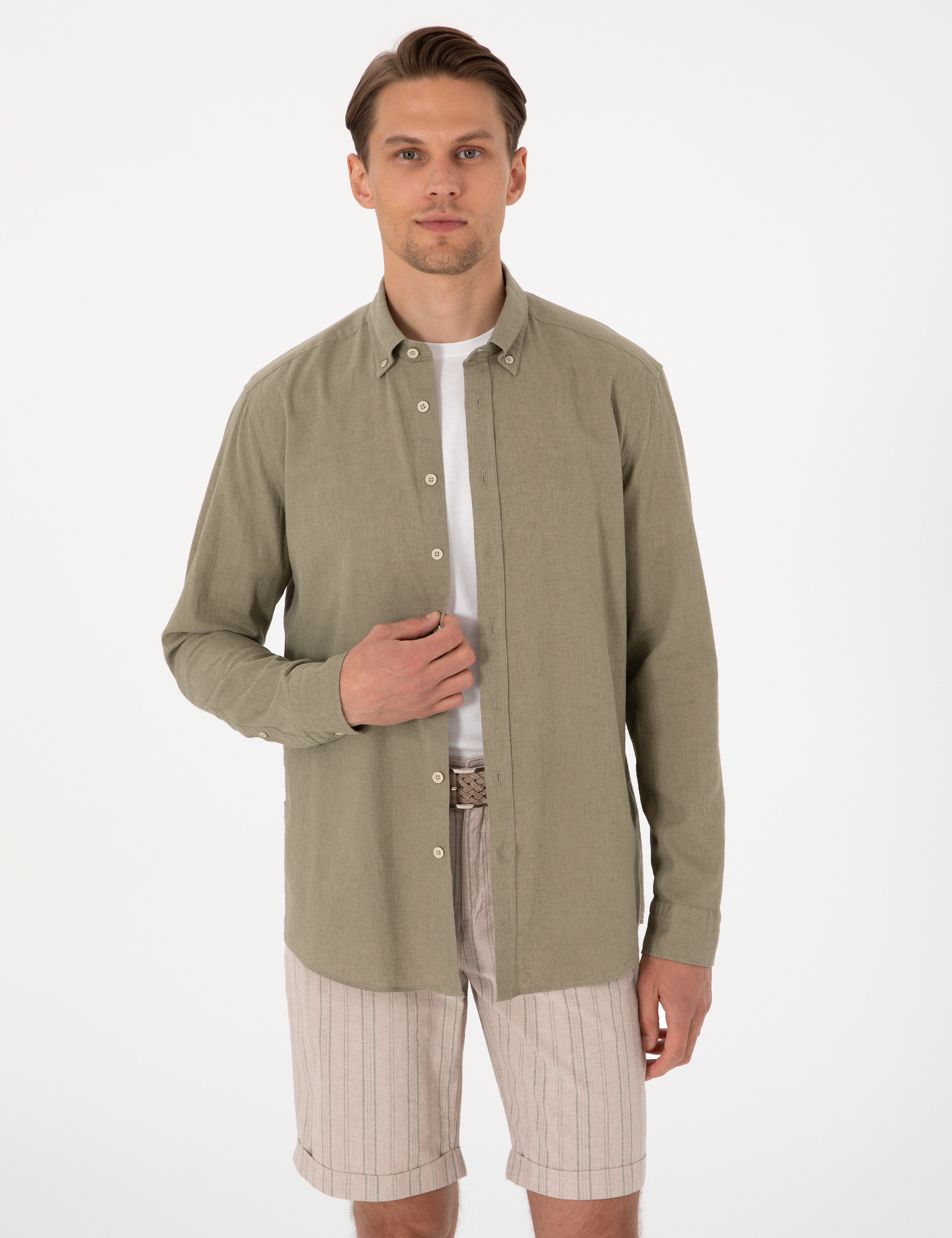 Haki Keten Karışımlı Regular Fit Uzun Kollu Gömlek - Image 3