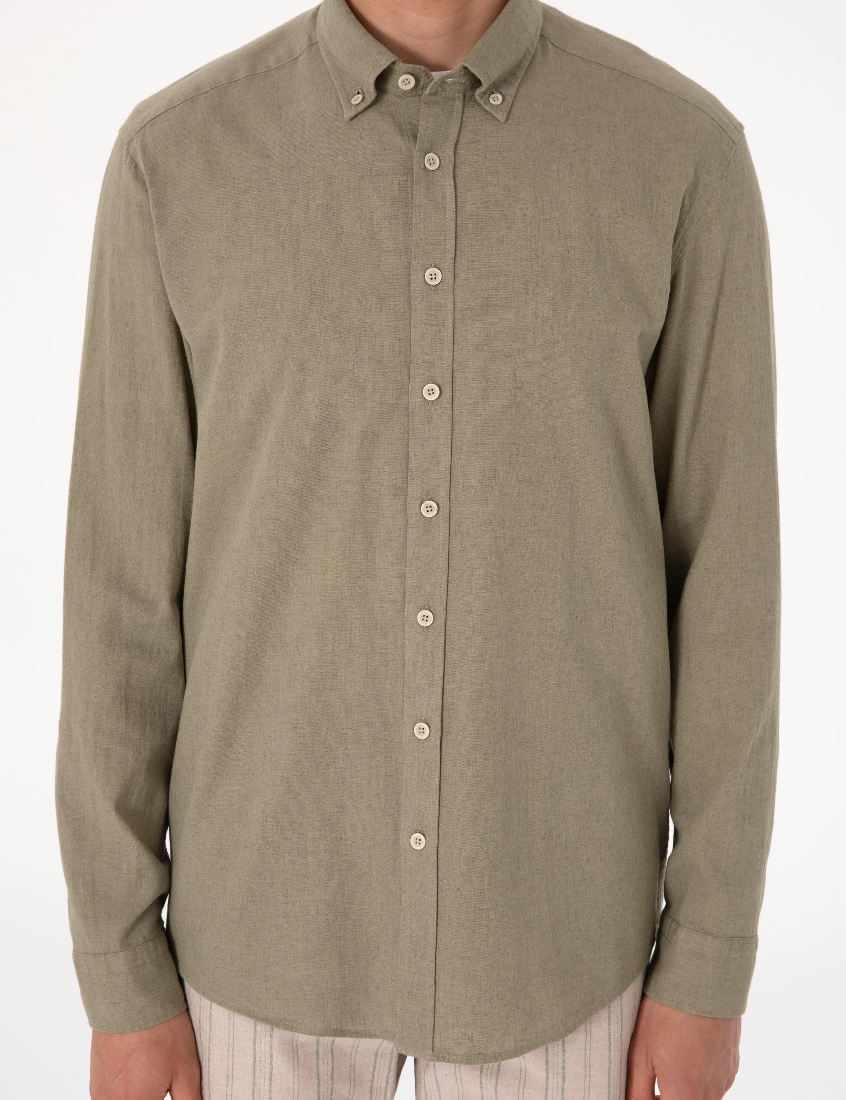 Haki Keten Karışımlı Regular Fit Uzun Kollu Gömlek