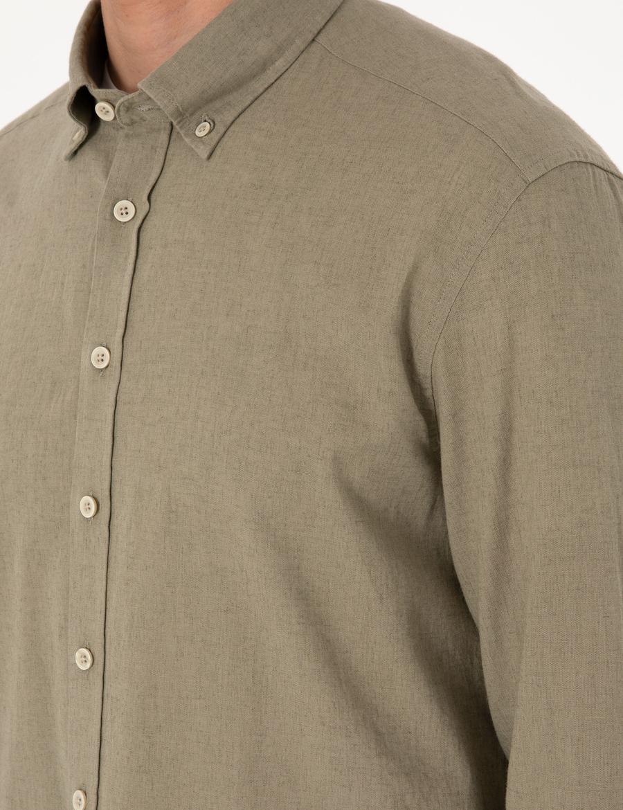 Haki Keten Karışımlı Regular Fit Uzun Kollu Gömlek