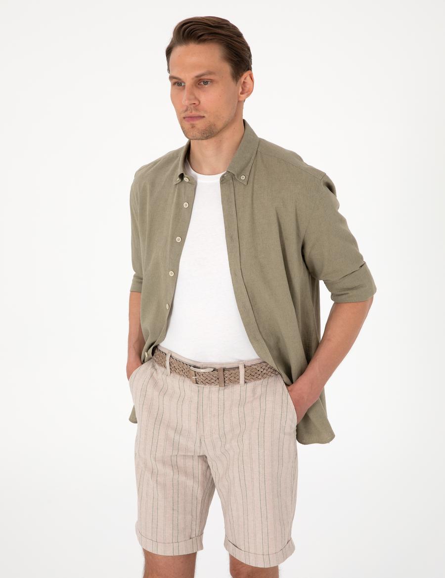 Haki Keten Karışımlı Regular Fit Uzun Kollu Gömlek