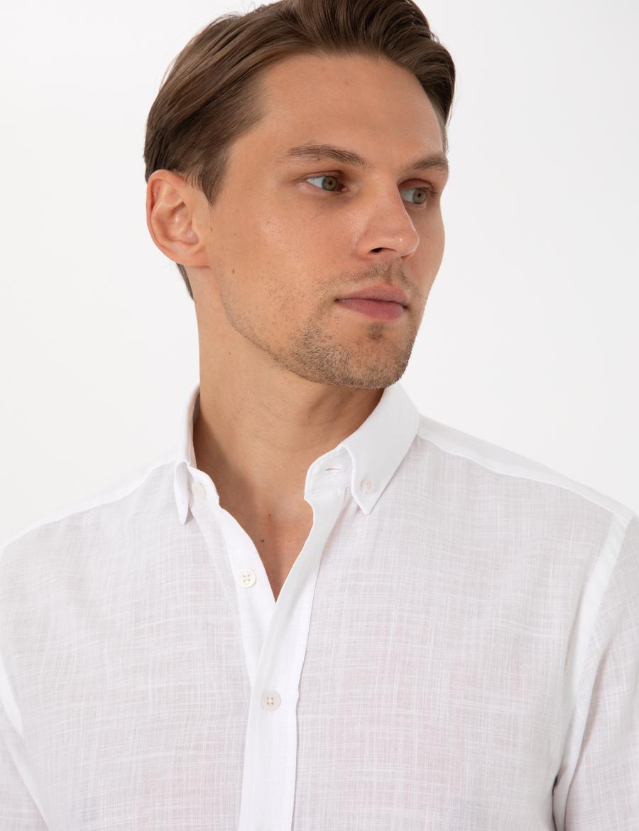 Beyaz Keten Görünümlü Slim Fit Uzun Kollu Gömlek