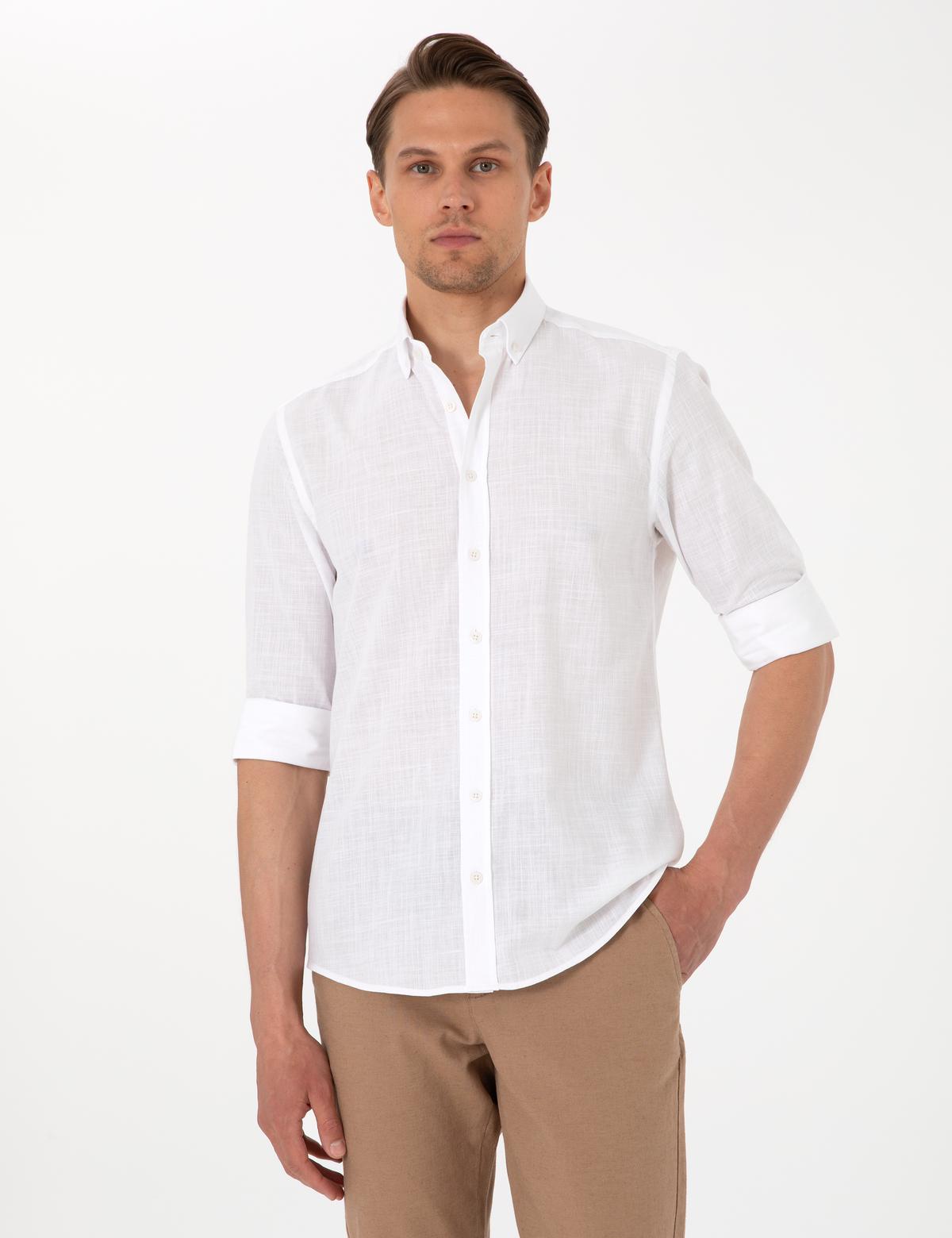 Beyaz Keten Görünümlü Slim Fit Uzun Kollu Gömlek