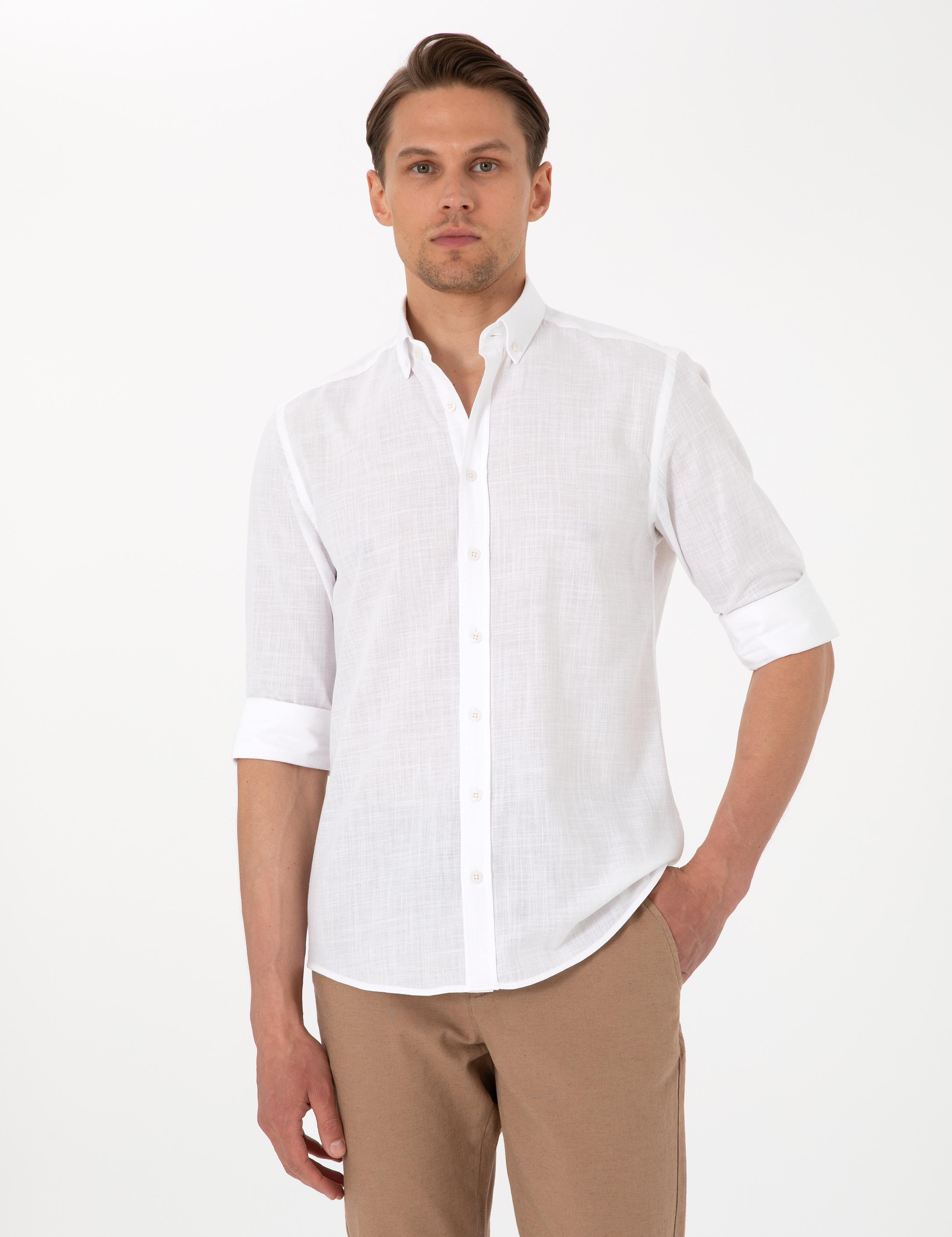 Beyaz Keten Görünümlü Slim Fit Uzun Kollu Gömlek