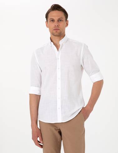 Beyaz Keten Görünümlü Slim Fit Uzun Kollu Gömlek