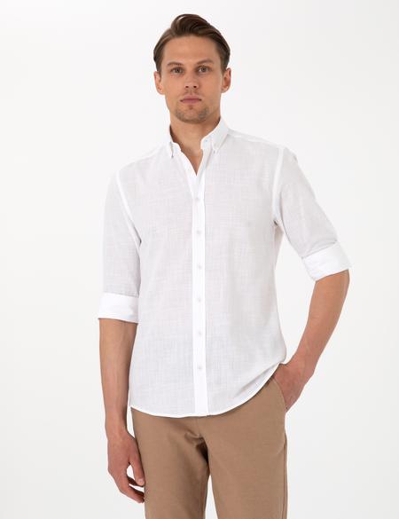 Beyaz Keten Görünümlü Slim Fit Uzun Kollu Gömlek - 50307025082