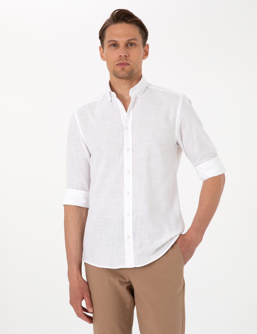 Beyaz Keten Görünümlü Slim Fit Uzun Kollu Gömlek