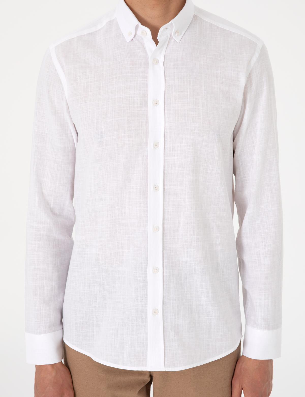 Beyaz Keten Görünümlü Slim Fit Uzun Kollu Gömlek - 50307025082