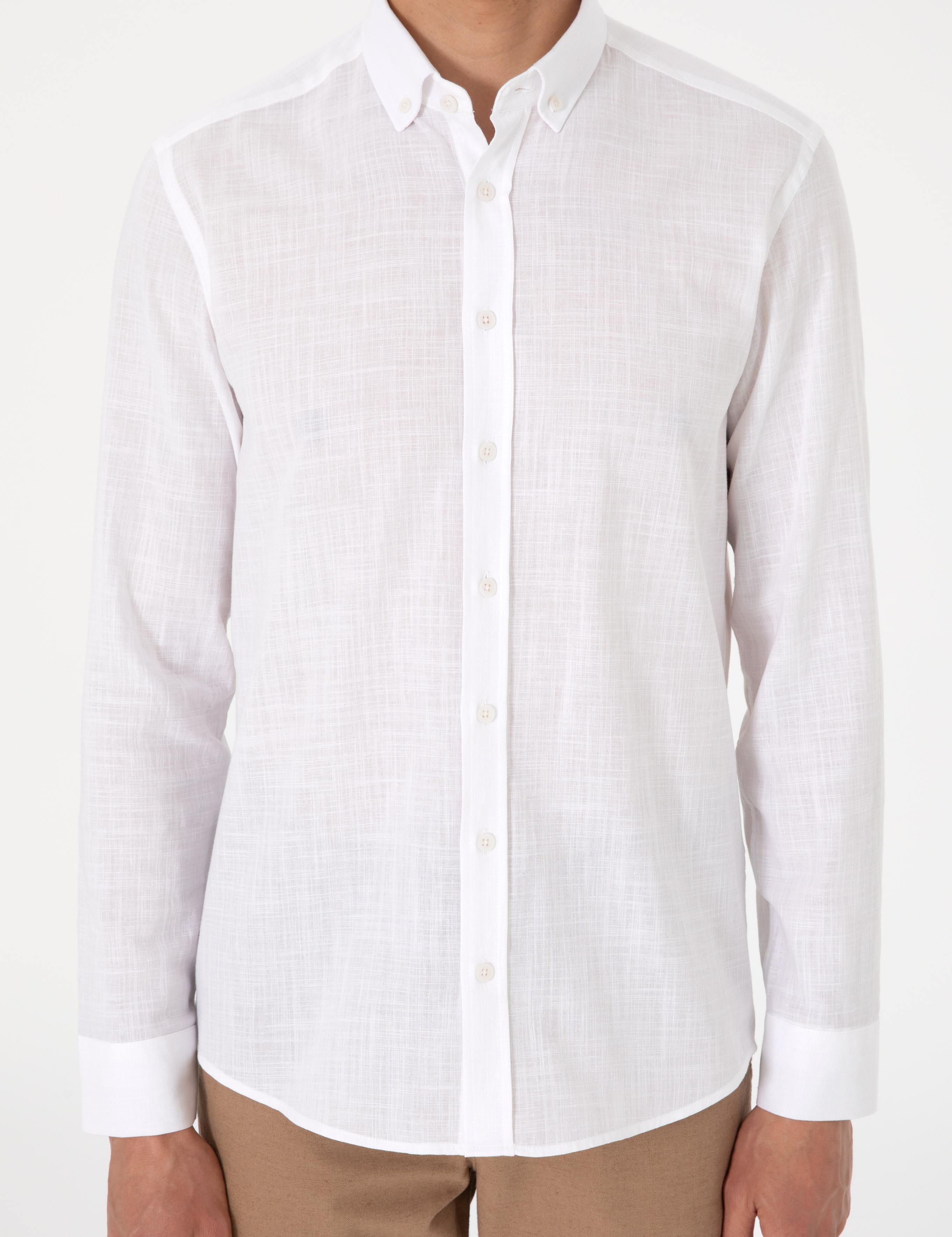 Beyaz Keten Görünümlü Slim Fit Uzun Kollu Gömlek