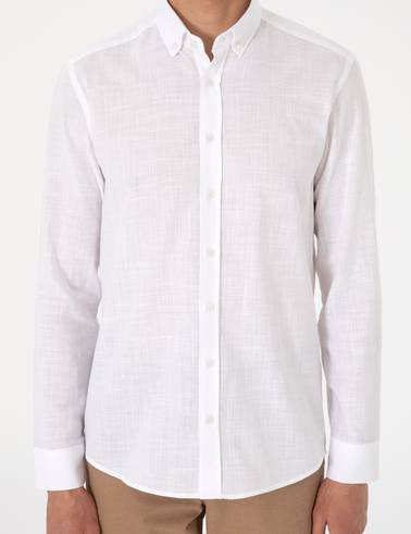 Beyaz Keten Görünümlü Slim Fit Uzun Kollu Gömlek