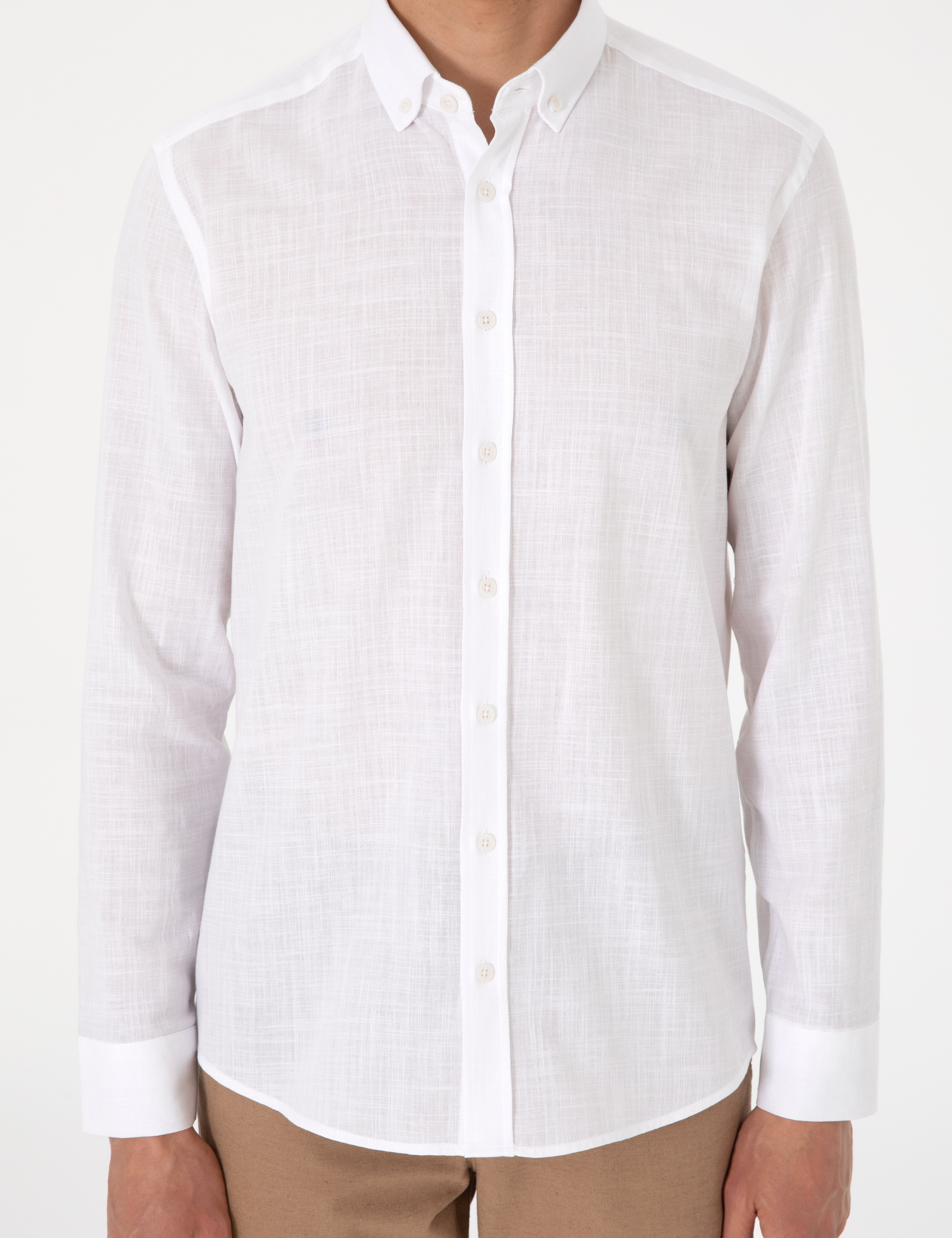 Beyaz Keten Görünümlü Slim Fit Uzun Kollu Gömlek - Image 6