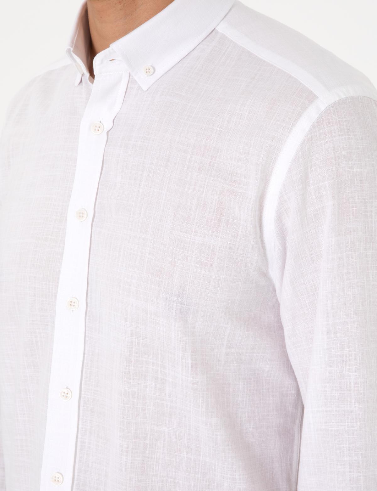 Beyaz Keten Görünümlü Slim Fit Uzun Kollu Gömlek - 50307025082