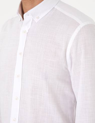 Beyaz Keten Görünümlü Slim Fit Uzun Kollu Gömlek