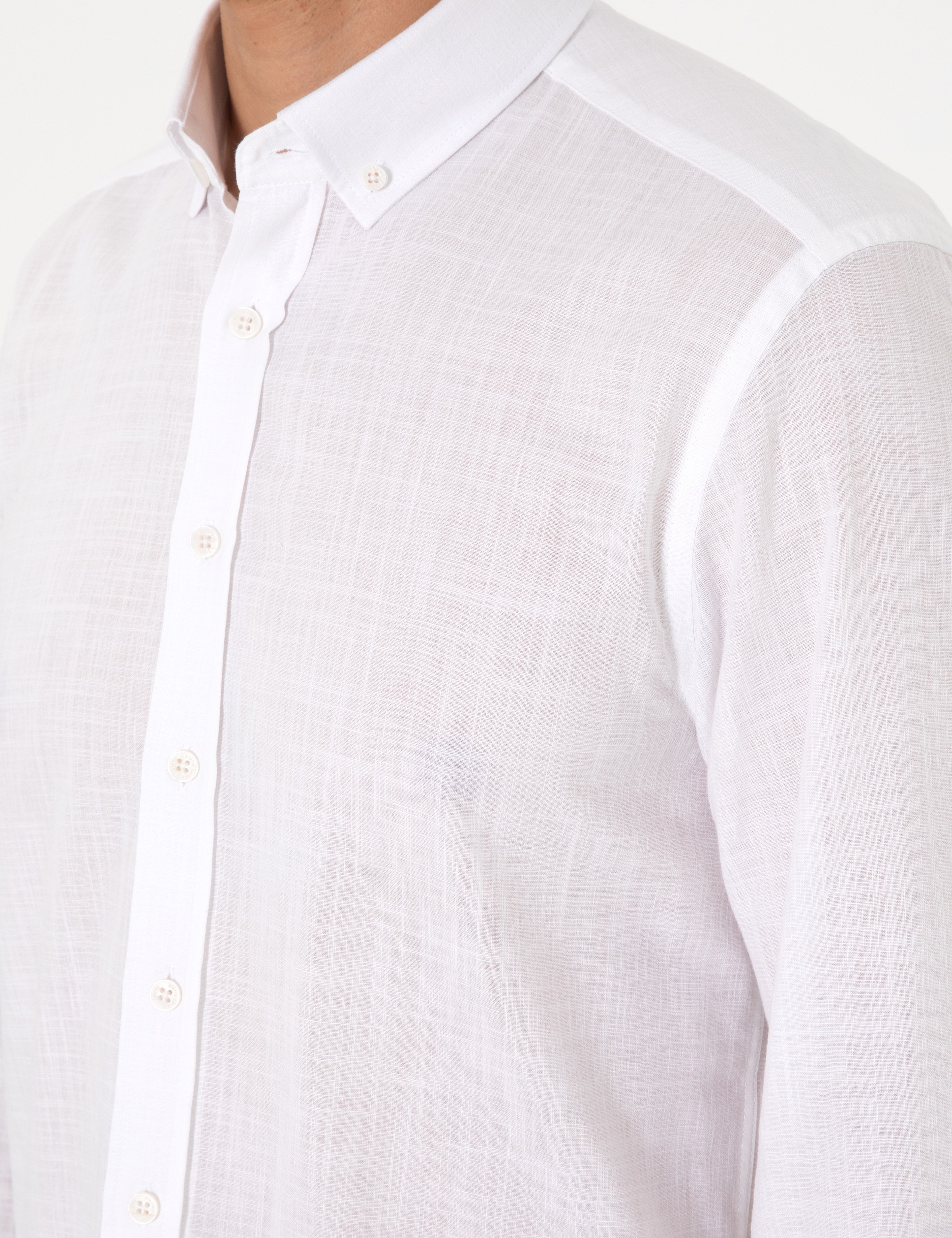 Beyaz Keten Görünümlü Slim Fit Uzun Kollu Gömlek - Image 7