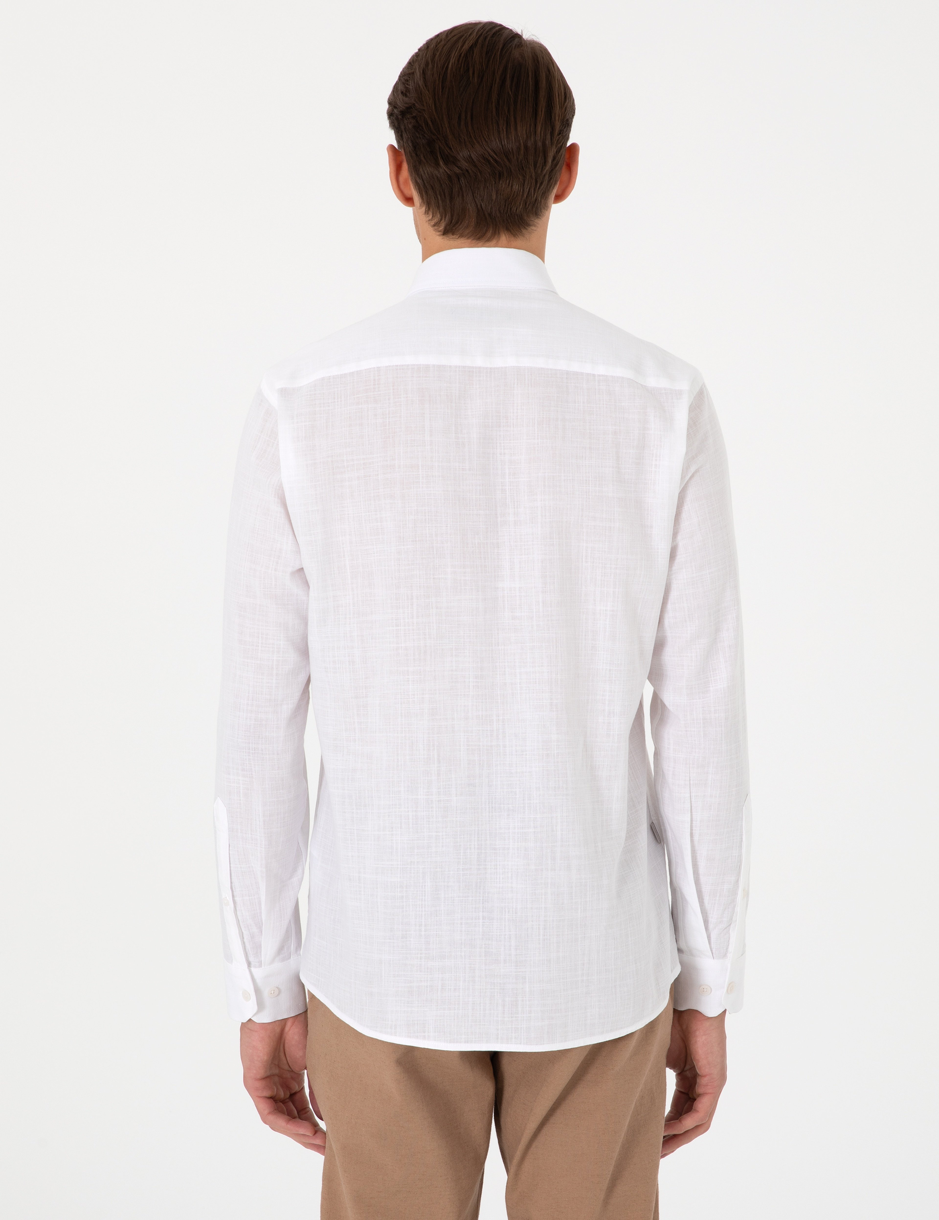 Beyaz Keten Görünümlü Slim Fit Uzun Kollu Gömlek