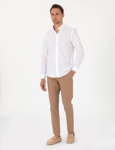 Beyaz Keten Görünümlü Slim Fit Uzun Kollu Gömlek
