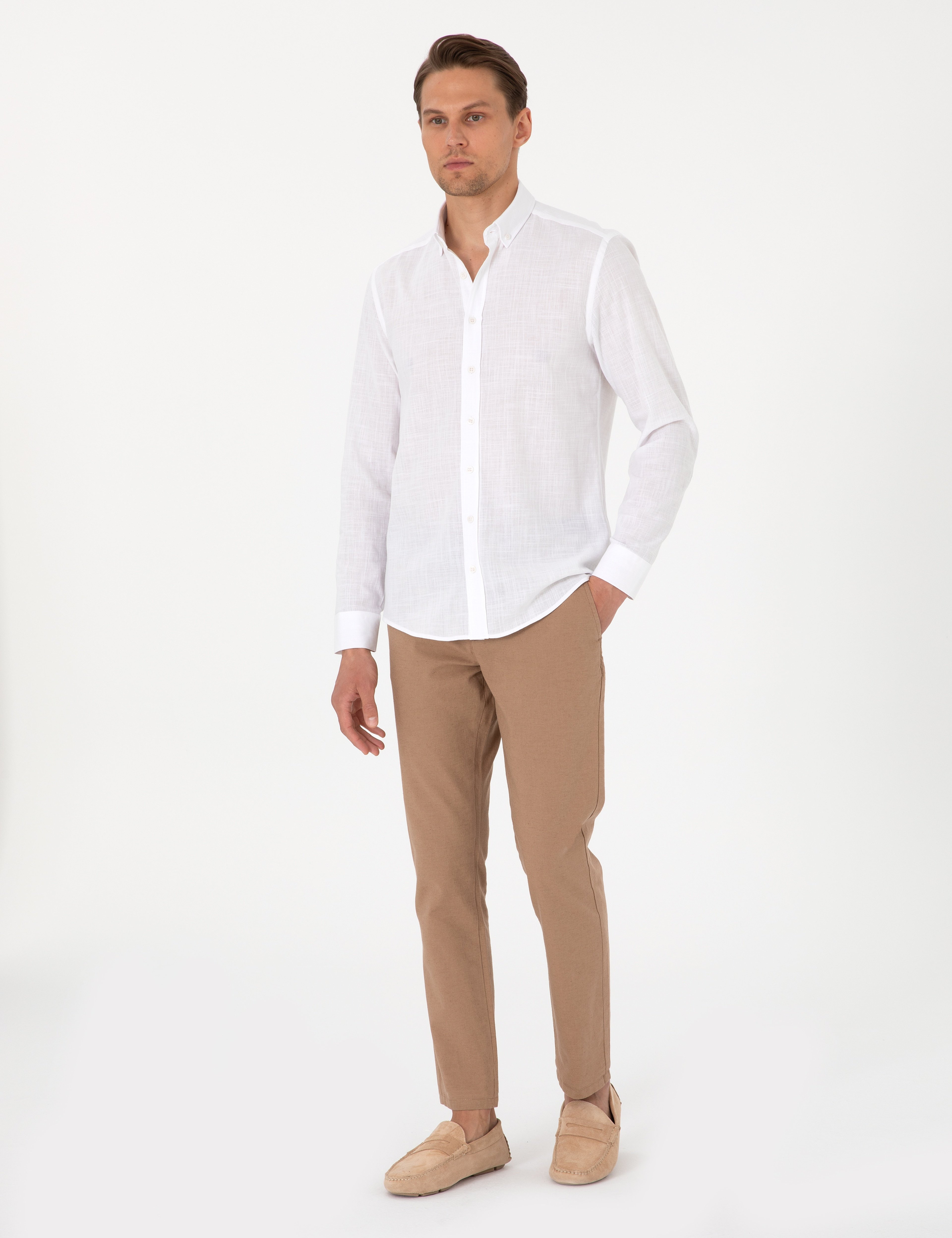Beyaz Keten Görünümlü Slim Fit Uzun Kollu Gömlek - Image 4
