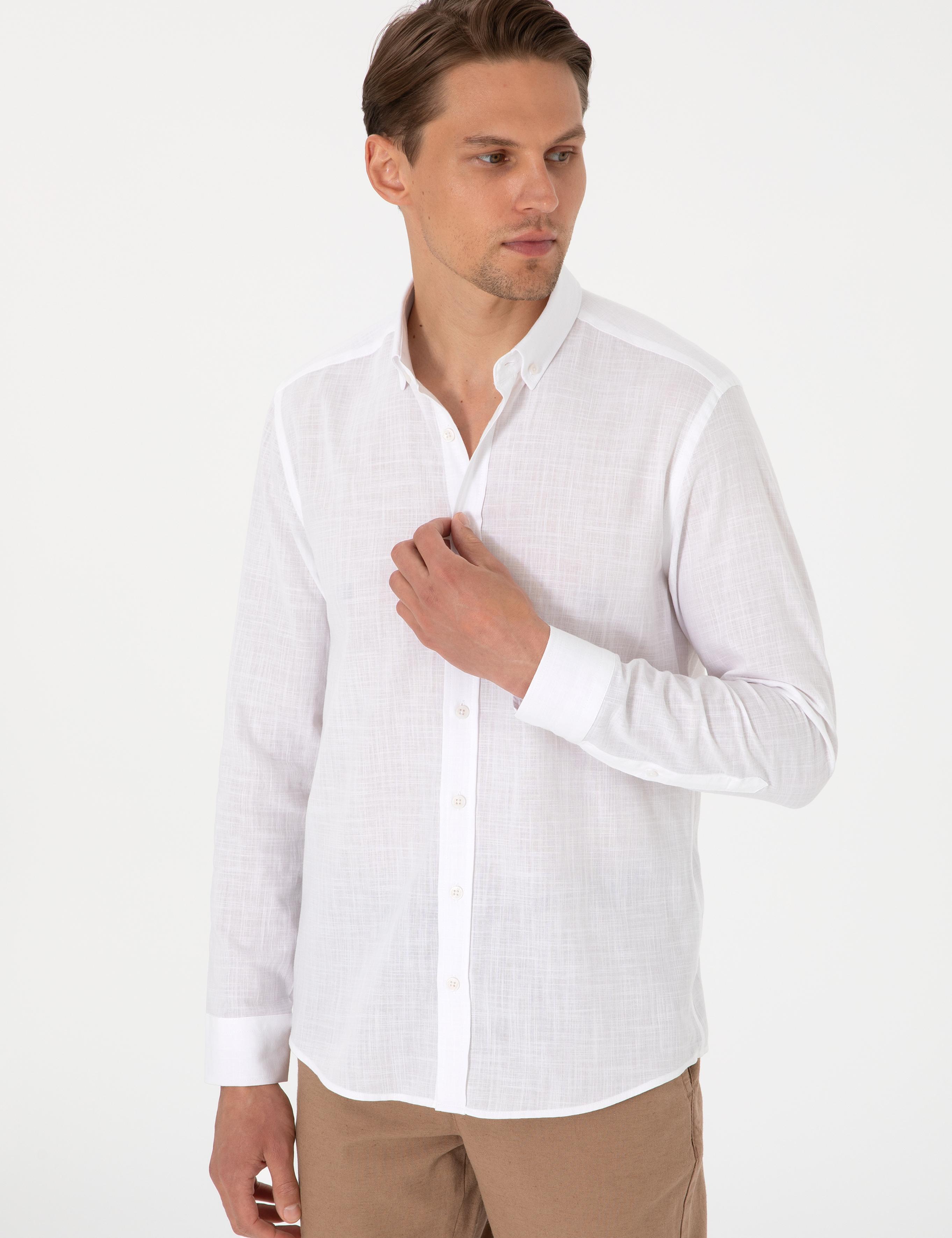 Beyaz Keten Görünümlü Slim Fit Uzun Kollu Gömlek