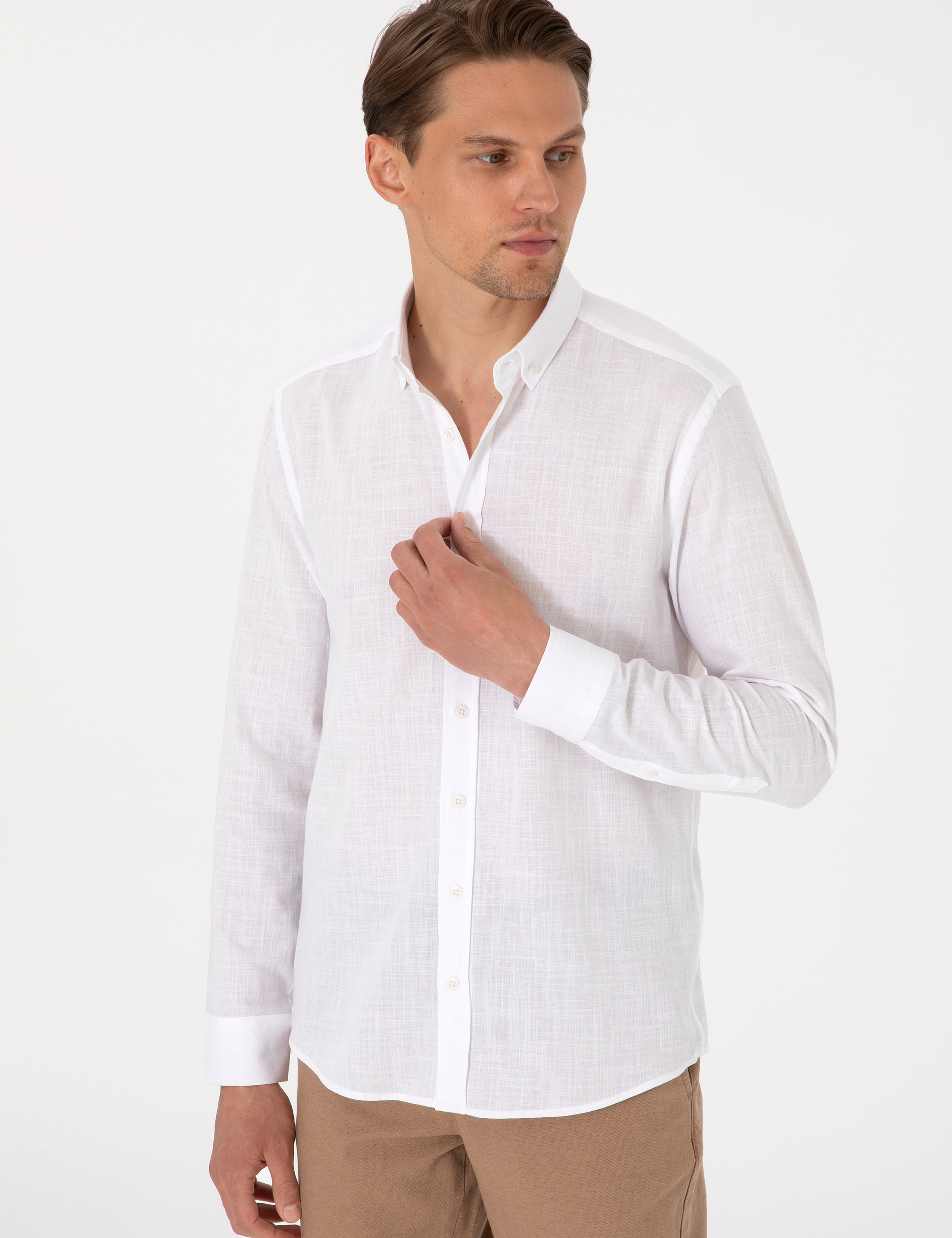 Beyaz Keten Görünümlü Slim Fit Uzun Kollu Gömlek - Image 3