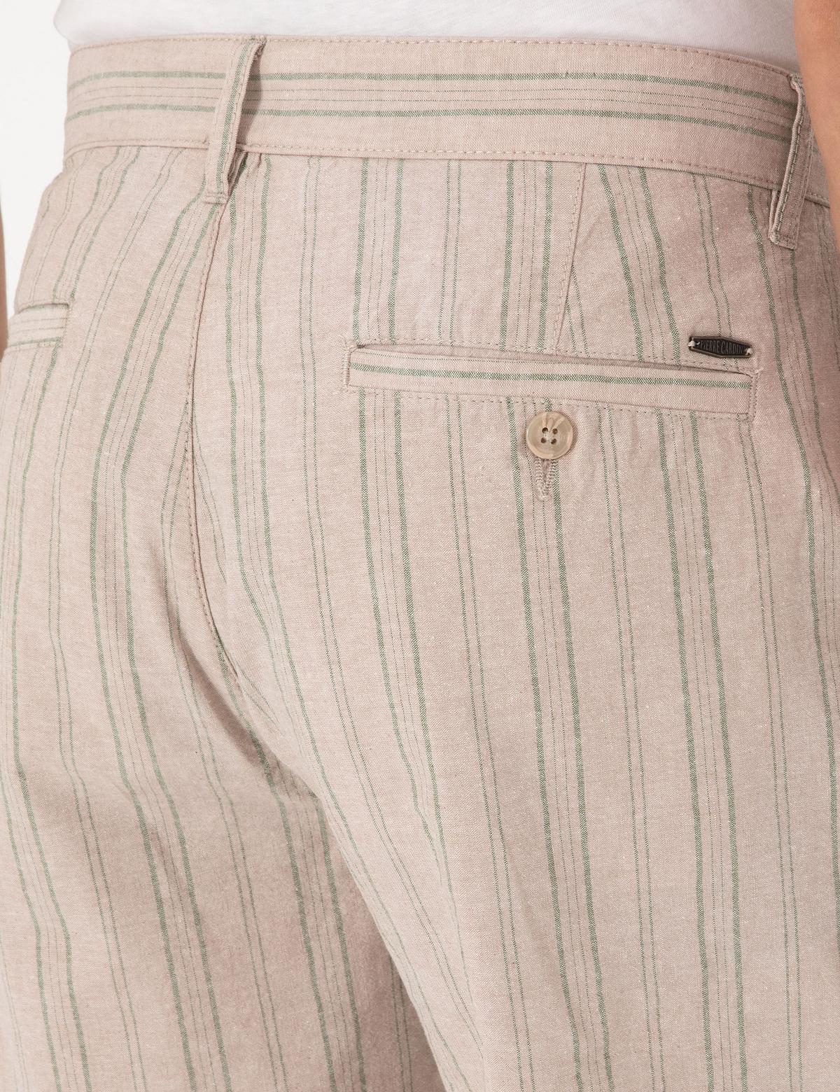 Haki Slim Fit Keten Karışımlı Çizgili Dokuma Şort - 50301806025