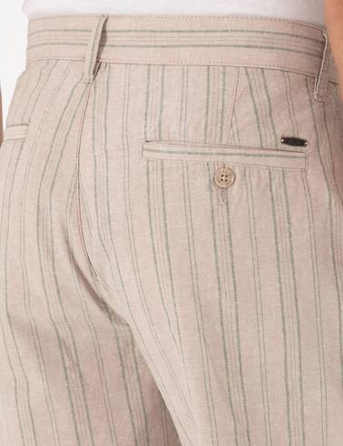 Haki Slim Fit Keten Karışımlı Çizgili Dokuma Şort