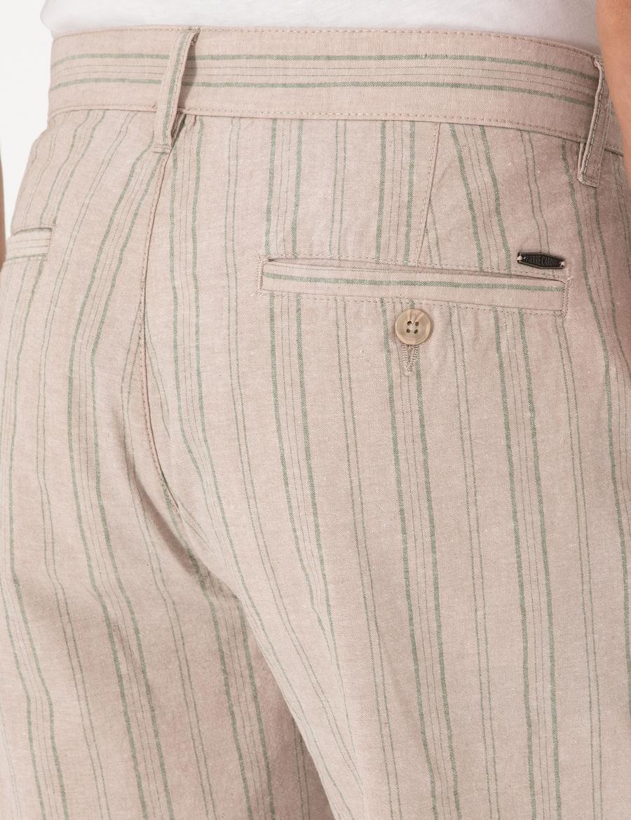 Haki Slim Fit Keten Karışımlı Çizgili Dokuma Şort