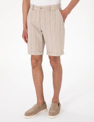 Haki Slim Fit Keten Karışımlı Çizgili Dokuma Şort