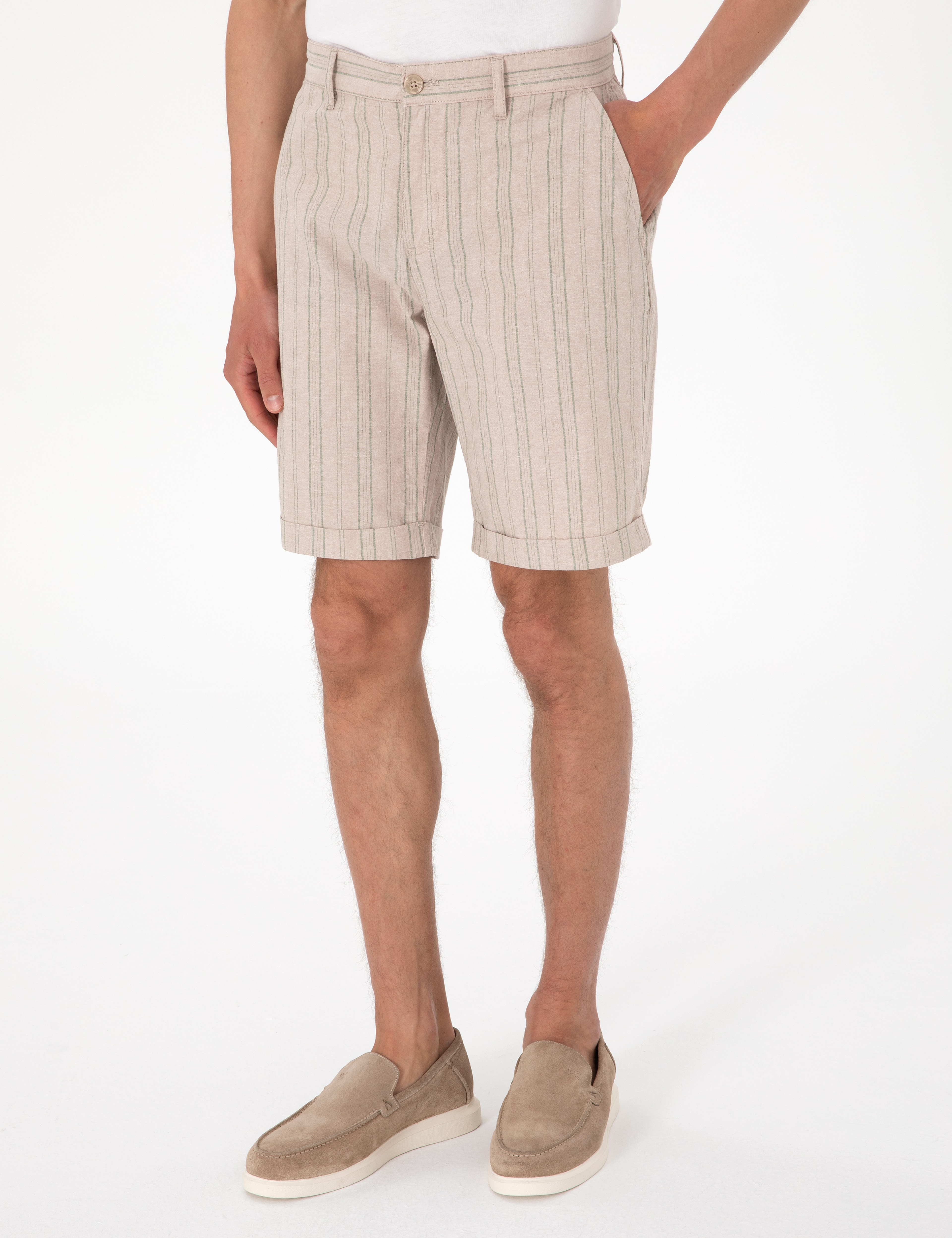 Haki Slim Fit Keten Karışımlı Çizgili Dokuma Şort - Image 2