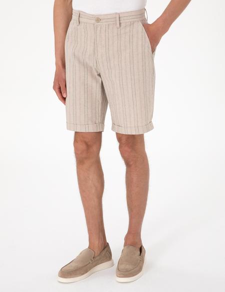 Haki Slim Fit Keten Karışımlı Çizgili Dokuma Şort - 50301806025