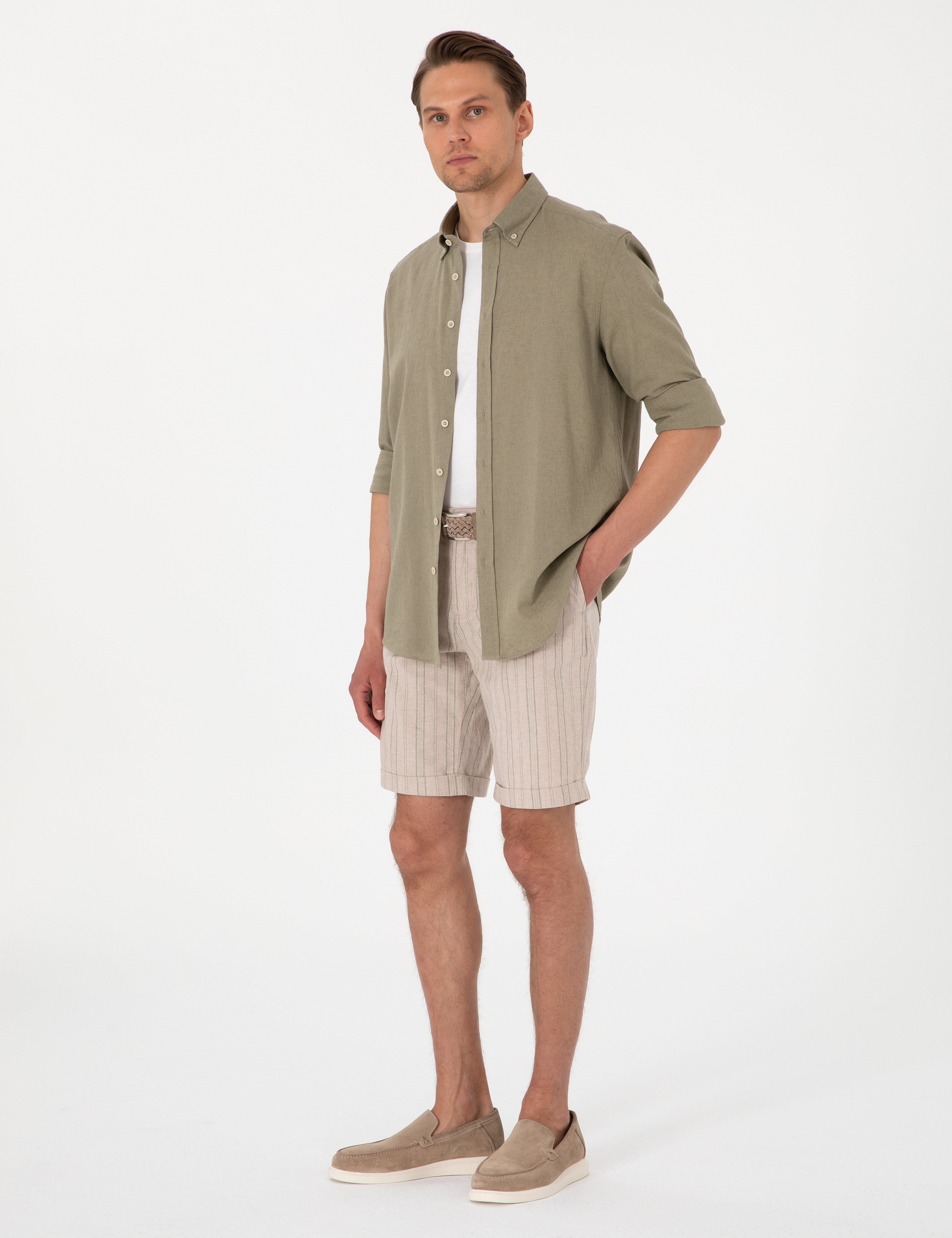 Haki Slim Fit Keten Karışımlı Çizgili Dokuma Şort