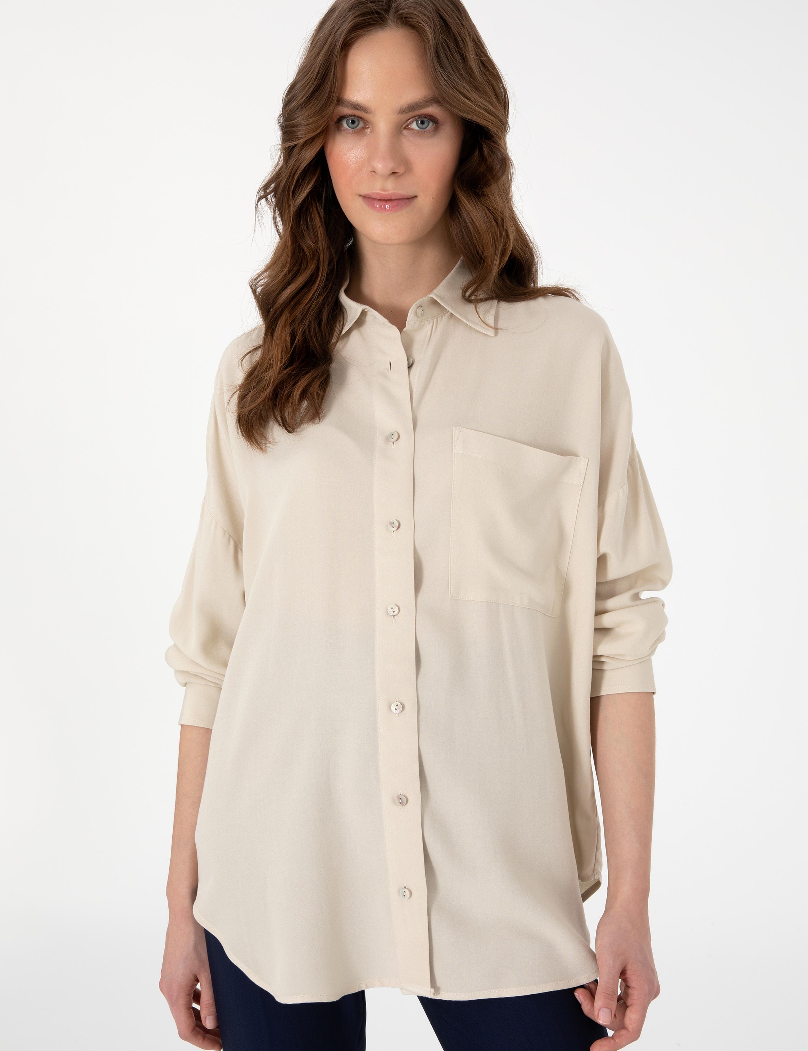 Krem Oversize Uzun Kollu Gömlek