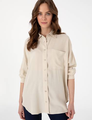 Krem Oversize Uzun Kollu Gömlek