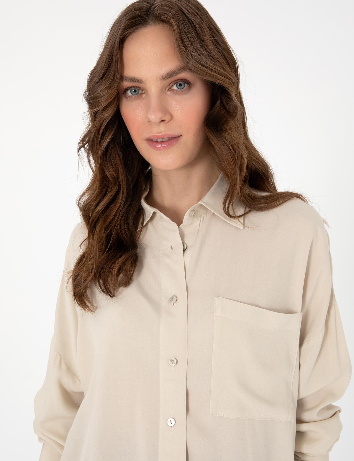 Krem Oversize Uzun Kollu Gömlek - 50311567034