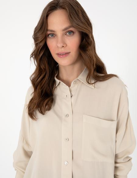 Krem Oversize Uzun Kollu Gömlek - 50311567034