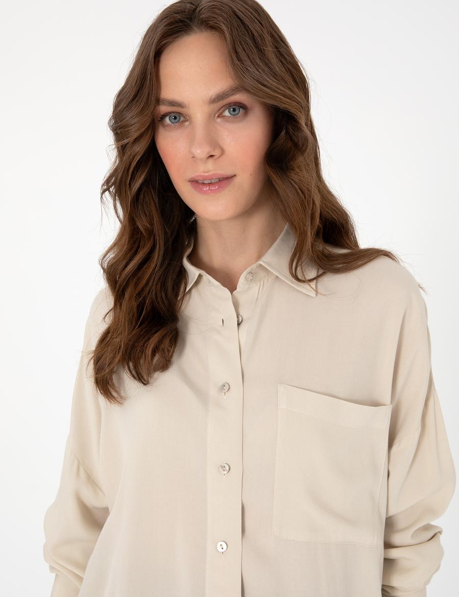 Krem Oversize Uzun Kollu Gömlek