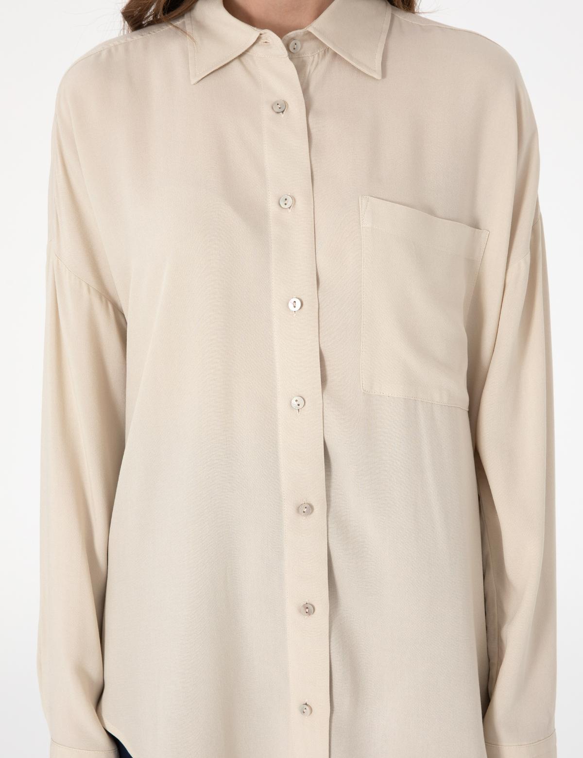 Krem Oversize Uzun Kollu Gömlek - 50311567034