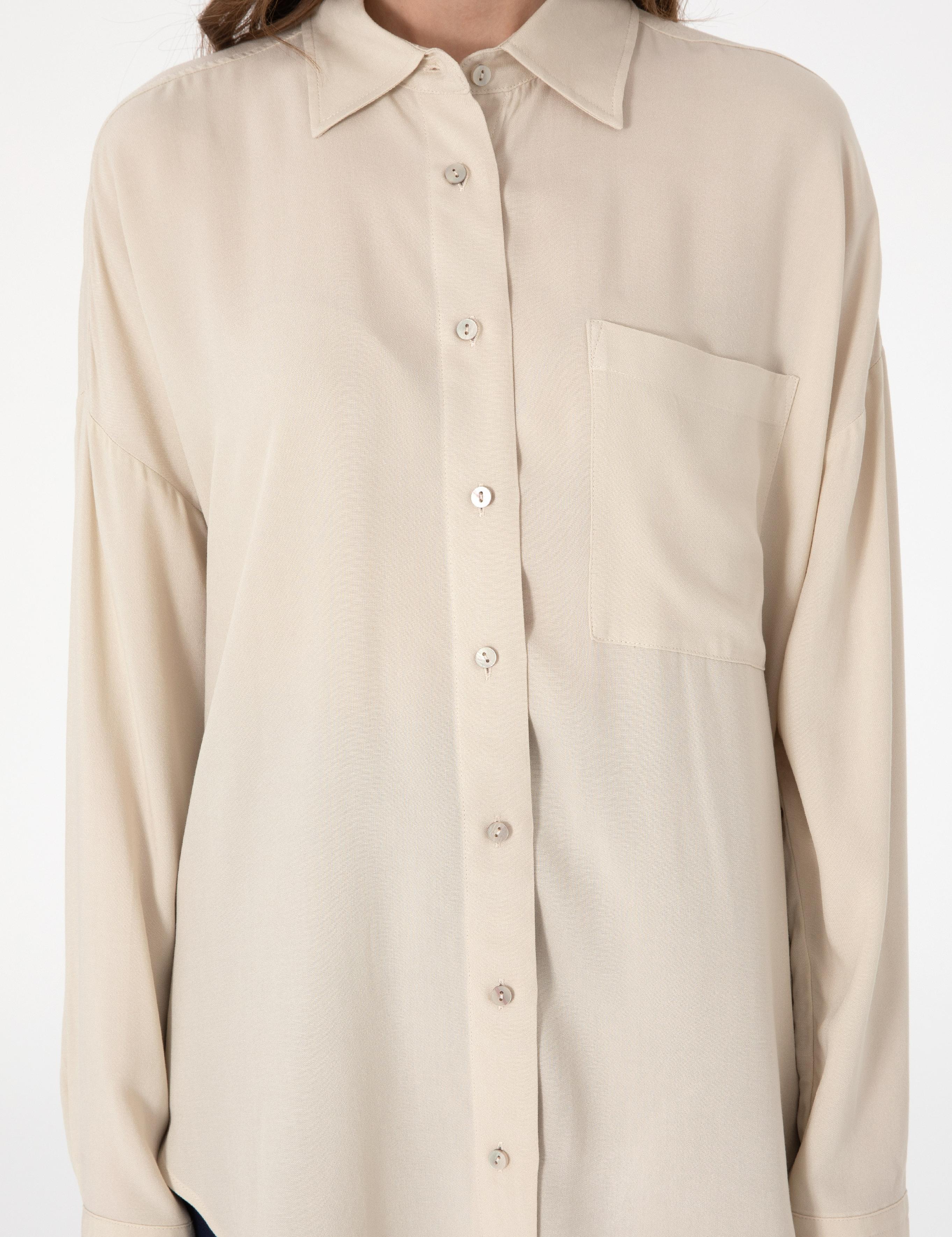 Krem Oversize Uzun Kollu Gömlek