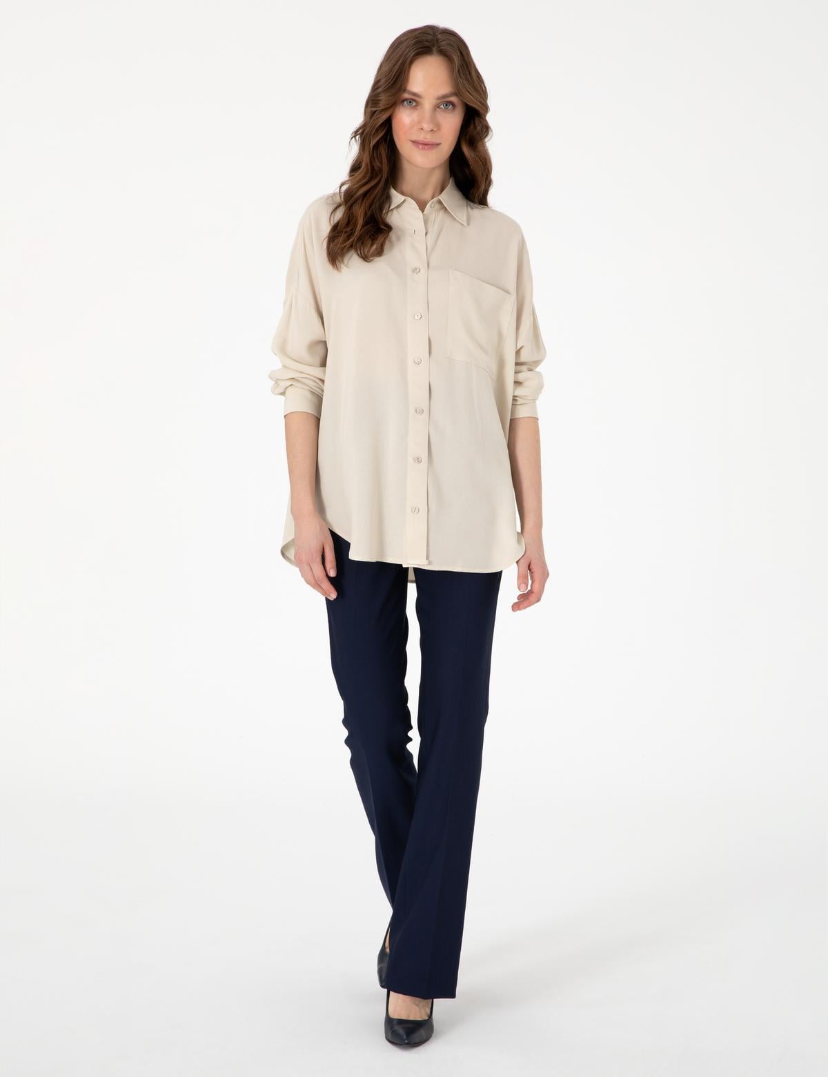 Krem Oversize Uzun Kollu Gömlek - 50311567034