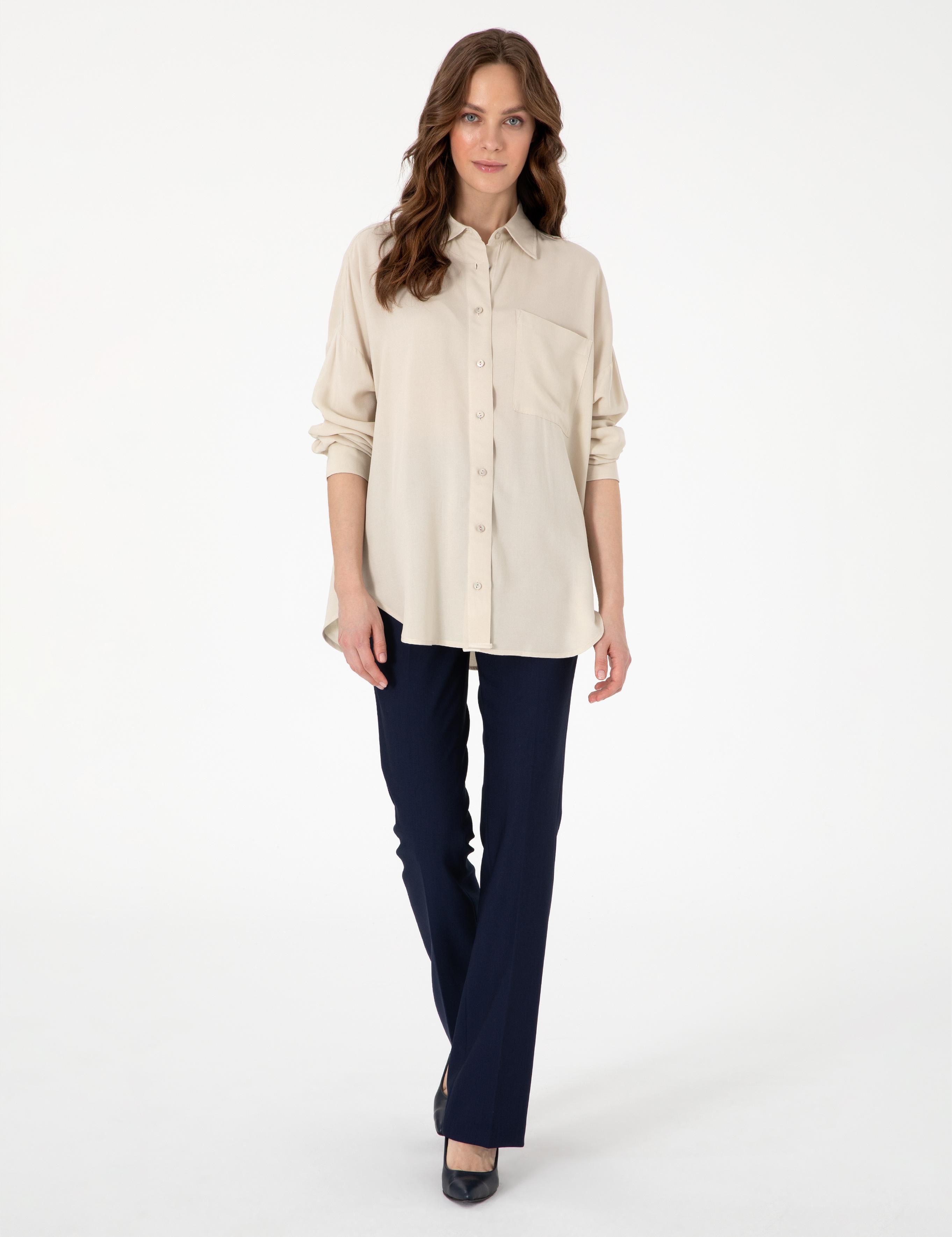 Krem Oversize Uzun Kollu Gömlek