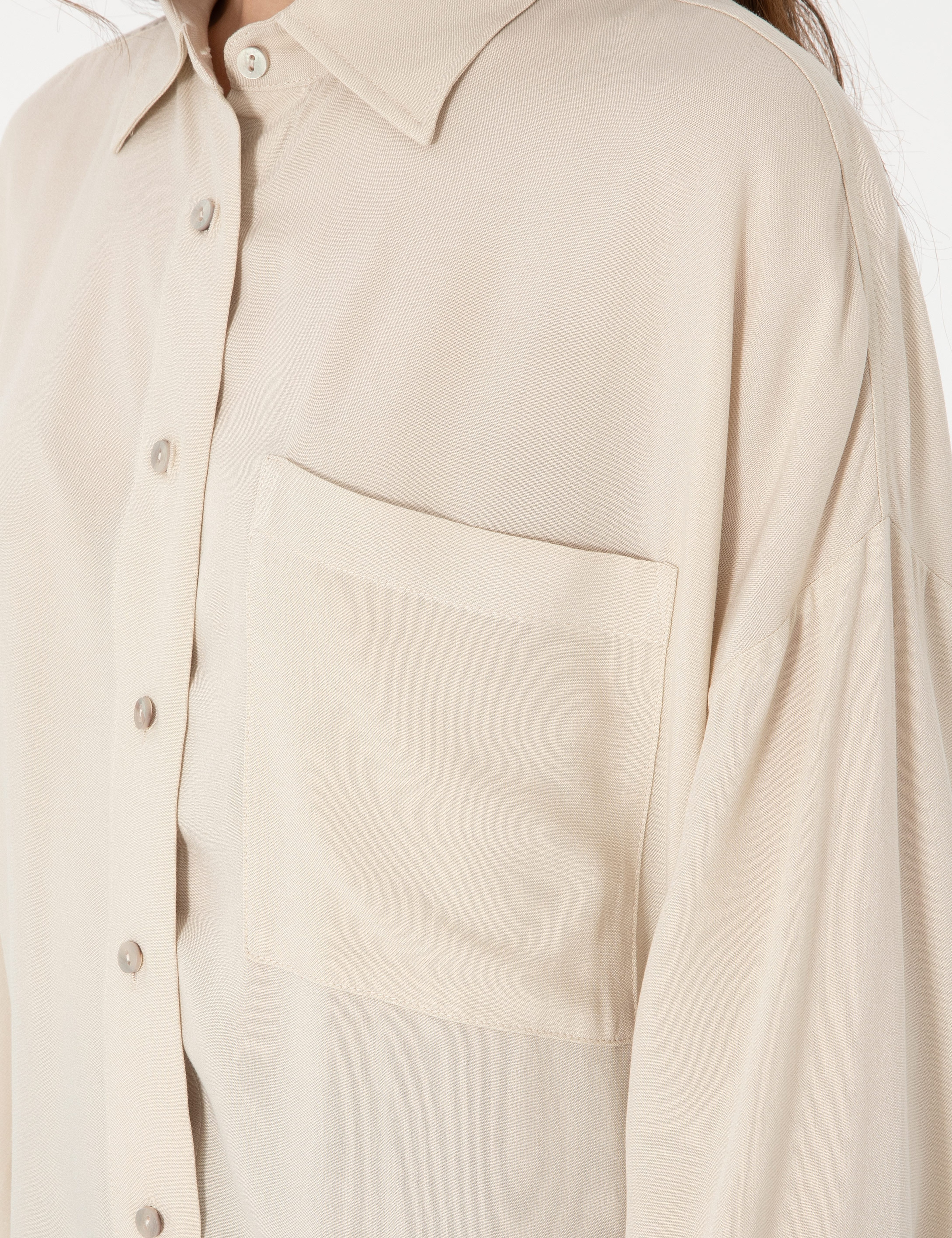 Krem Oversize Uzun Kollu Gömlek - Image 7