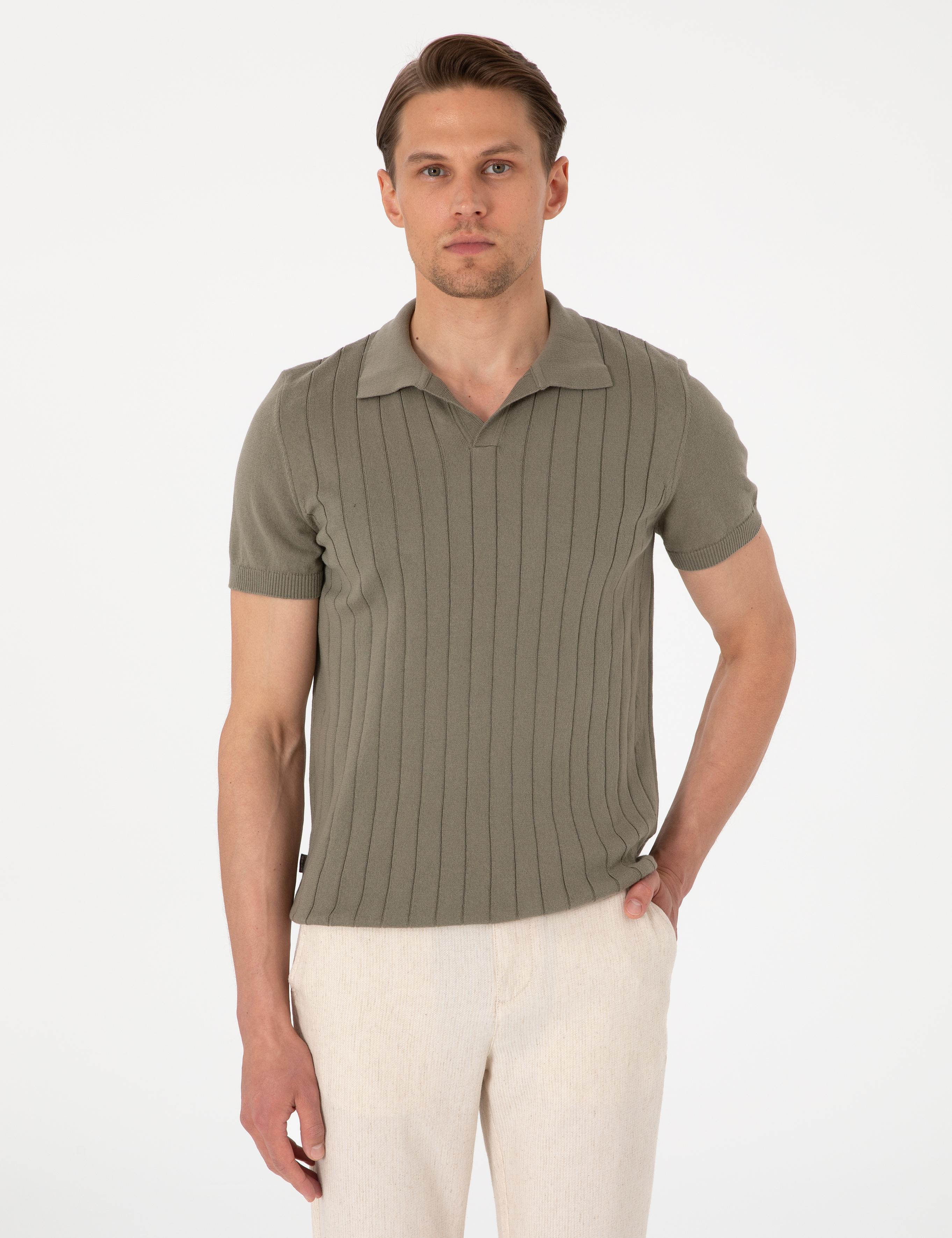 Haki Slim Fit  %100 Pamuk Polo Yaka Triko Tişört